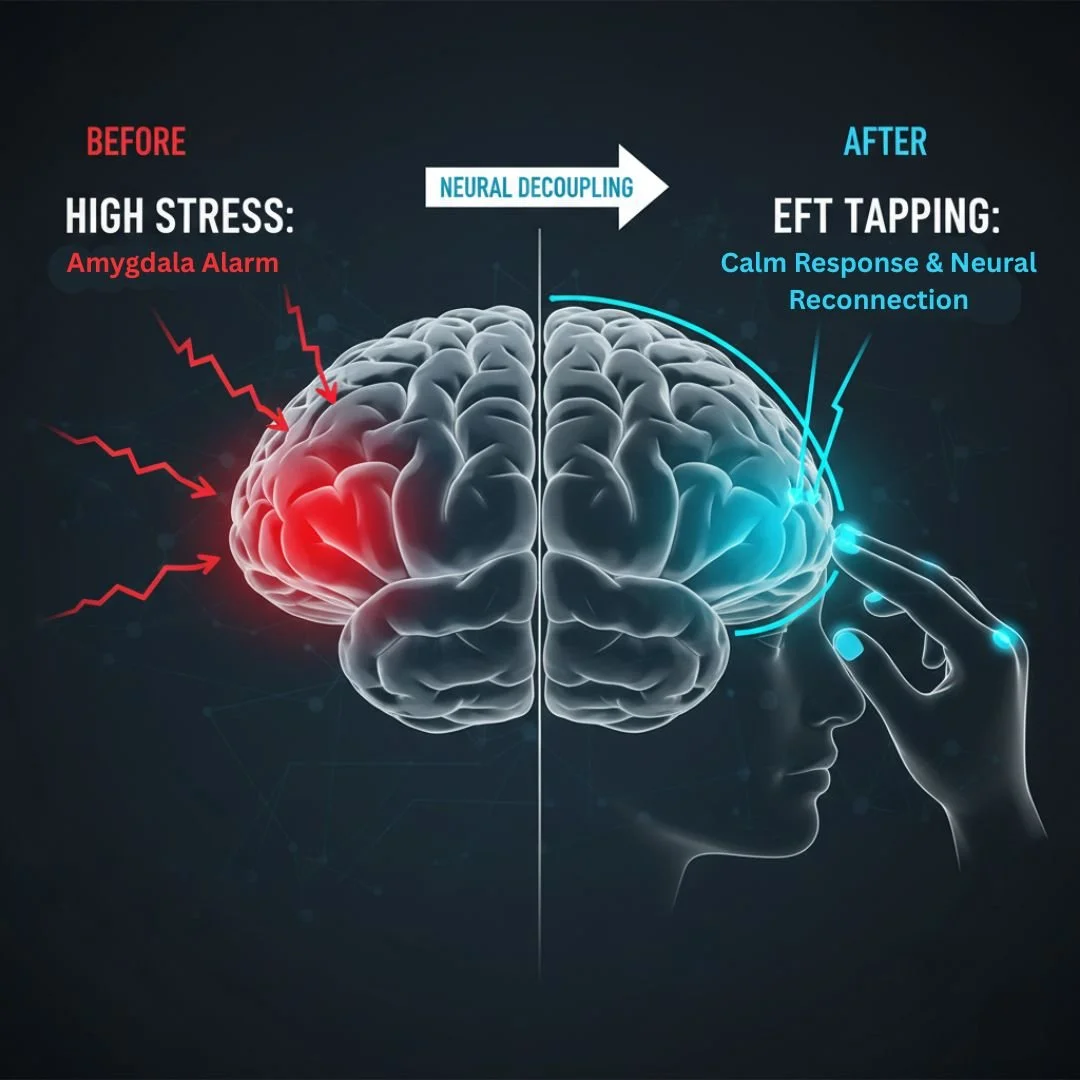 A digital illustration of a human brain split in half showing changes before and after EFT tapping. The left side, labeled 'Before,' depicts high stress with red arrows pointing to the amygdala, labeled 'Amygdala Alarm.' The right side, labeled 'After,' shows calm response and neural reconnection, with a hand tapping on the brain.