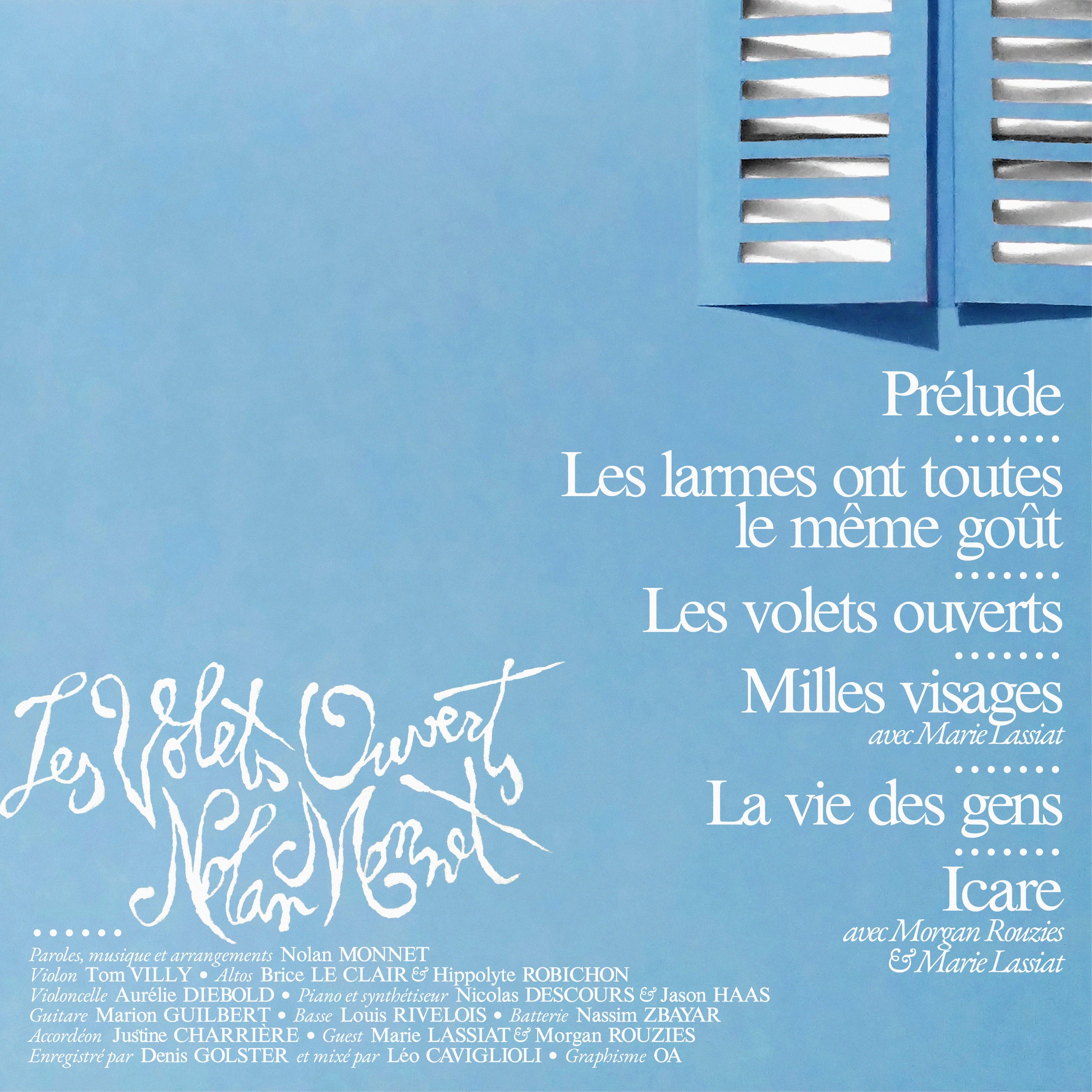 Couverture bleue avec texte en français et illustration de volets bleus ouverts en haut à droite, comprenant un poème ou un texte littéraire.