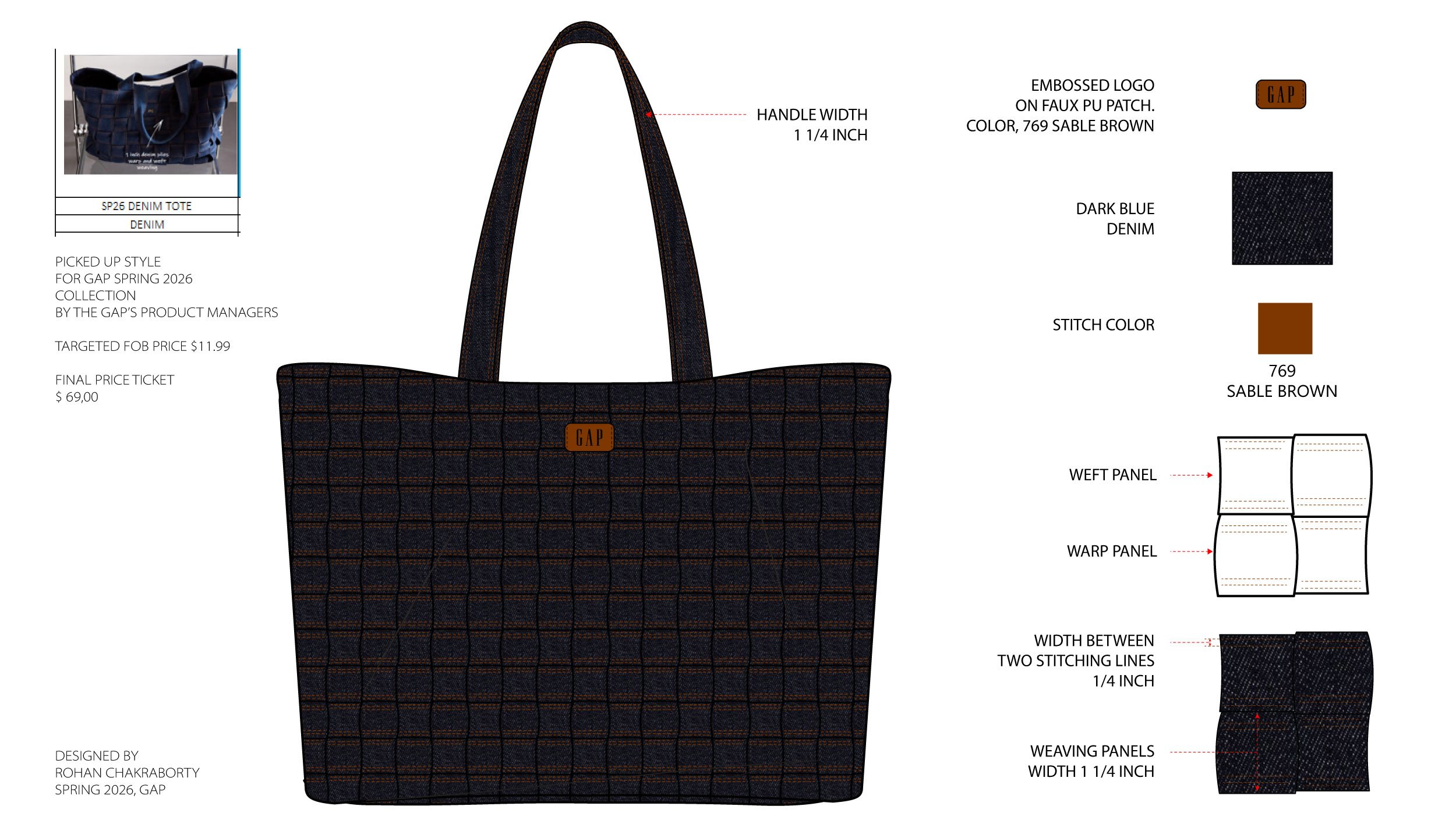 Design schematic of a dark blue denim tote bag with orange stitching, titled for GAP spring 2026 collection, showing measurements and fabric details, including handle width, embossed logo, and pattern panels.