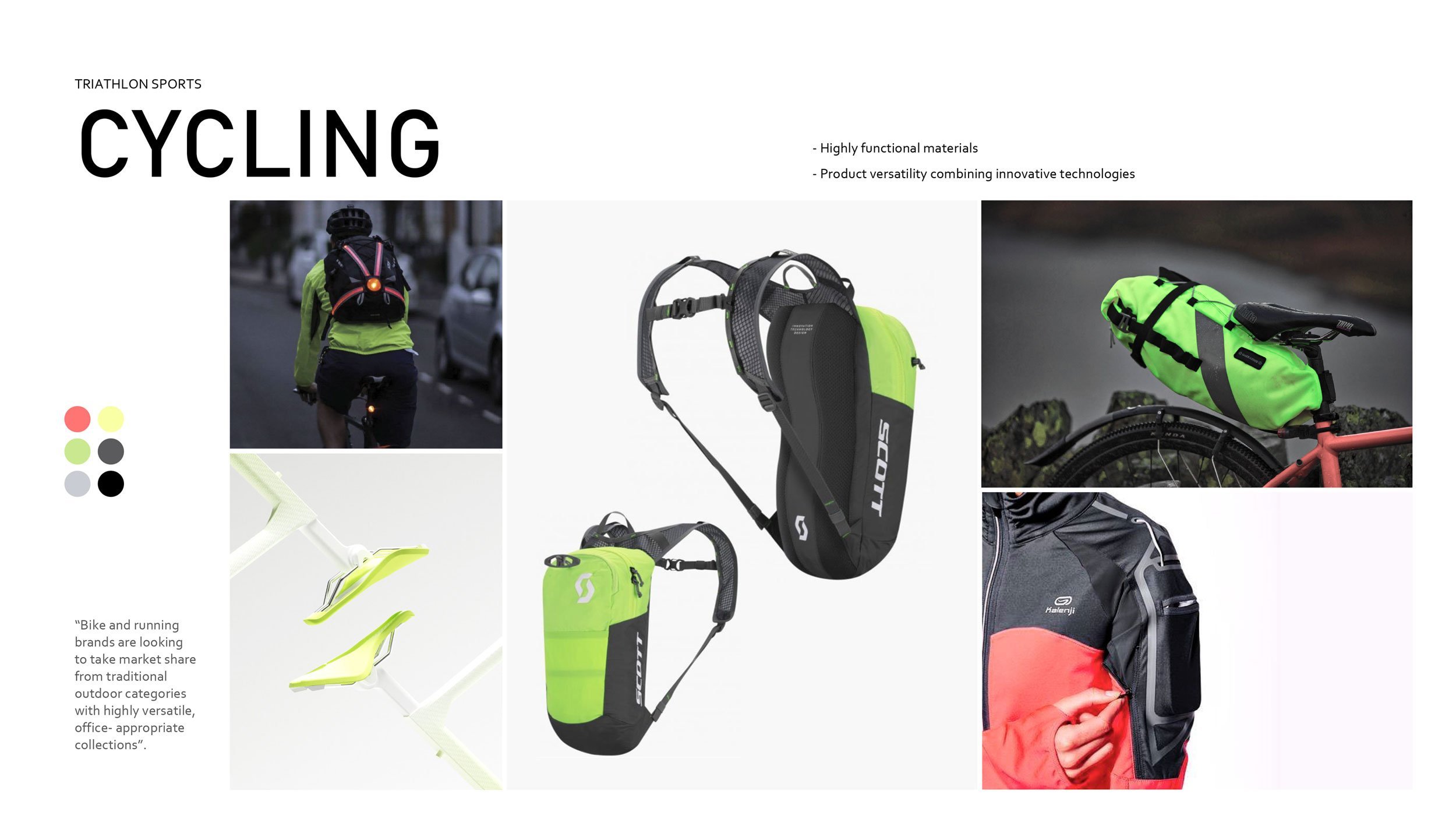Collage of cycling gear including a cyclist with a backpack, a bike helmet with attached hydration pack, a bicycle with a green saddlebag, a close-up of a bicycle saddle, and a cyclist adjusting a backpack with a red jacket. Text mentions triathlon sports, cycling-related products, highly functional materials, and innovative technologies.