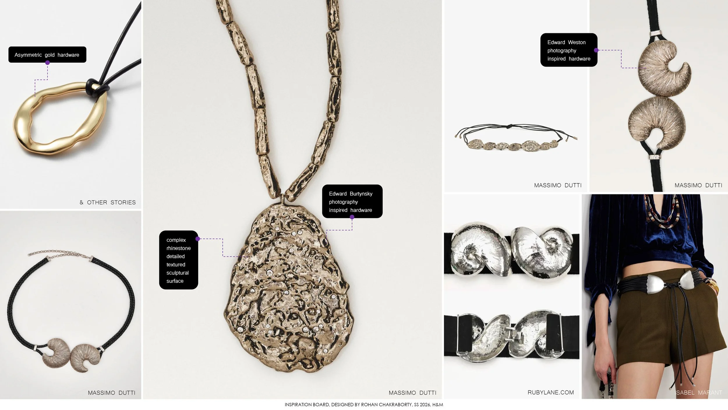 Collage of various jewelry pieces, including necklaces, bracelets, earrings, and a headpiece, with labels attributing designs to artists and inspired hardware.