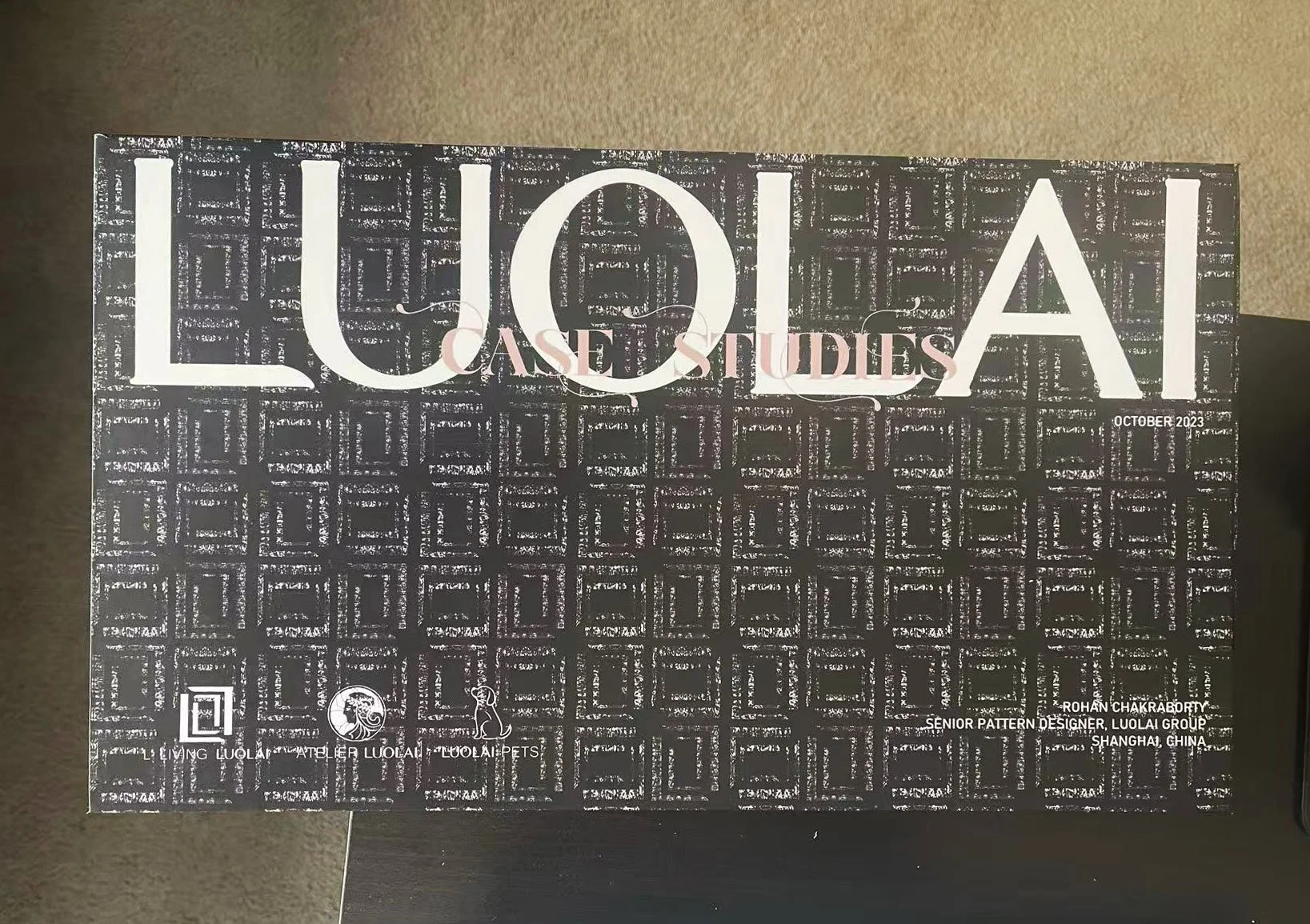Black box with white large text reading 'LUOLAI' and smaller pink text 'CASE STUDIES'. The background has a gray and white geometric pattern. Additional smaller text indicating October 2023, designer Rohán Chakraborty, and location Shanghai China.