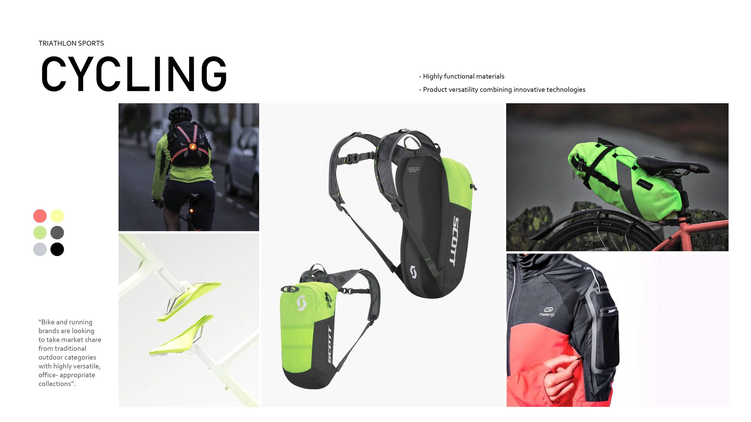 Collection of biking gear and accessories including a backpack with hydration bladder, a bike bag, a neon green hydration bottle, a rugged jacket, a green cycling bag mounted on a bicycle, and parts of a bicycle with a rider's hand opening a pocket.