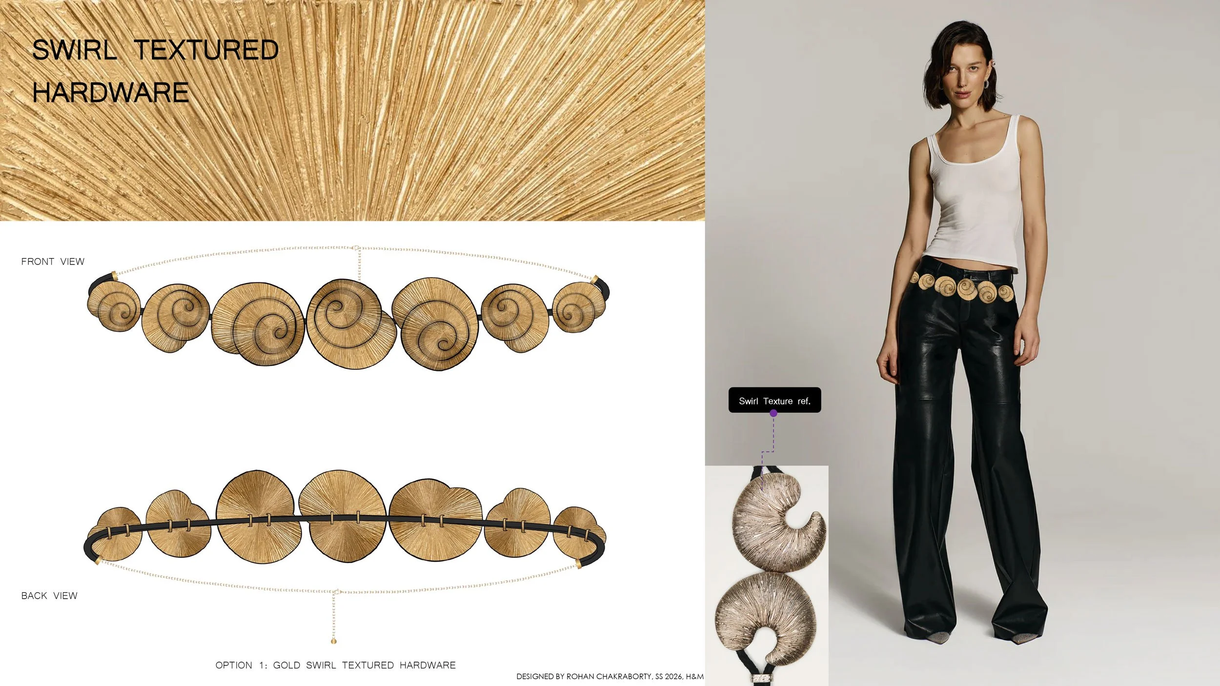Design images of gold swirl textured hardware for jewelry or accessories, with front and back views, alongside a photograph of a woman wearing a jewelry piece made from the hardware, featuring a white top and black leather pants.