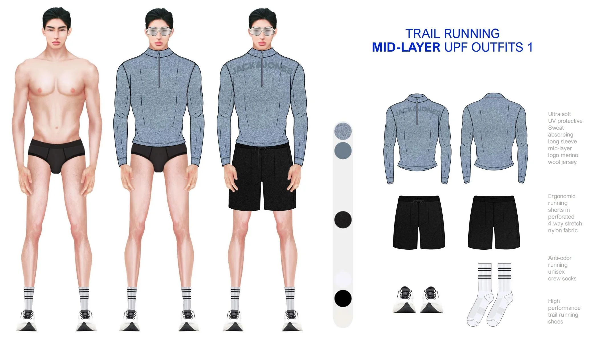 Designs for mid-layer trail running outfits including a light blue merino wool jersey with a stand-up collar and half-zip, black ergonomic running shorts, white crew socks with black stripes, and black and white trail running shoes.