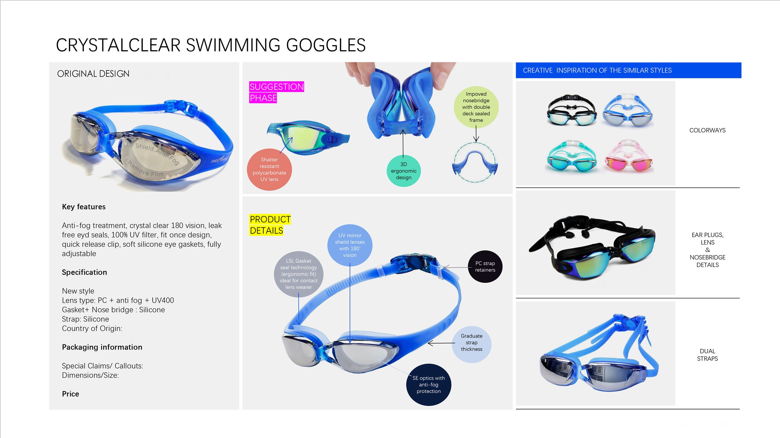 An infographic about Crystclear Swimming Goggles. The left side includes key features and specifications, showing features like anti-fog, UV filter, and adjustable fit, with a picture of the goggles. The center displays a diagram of the goggles with labels highlighting design details, such as 3D ergonomic design, double-sealed frame, and UV mirror shield lenses. The right side showcases different styles and colors of swimming goggles, including colorways, ear plug styles, and dual straps.