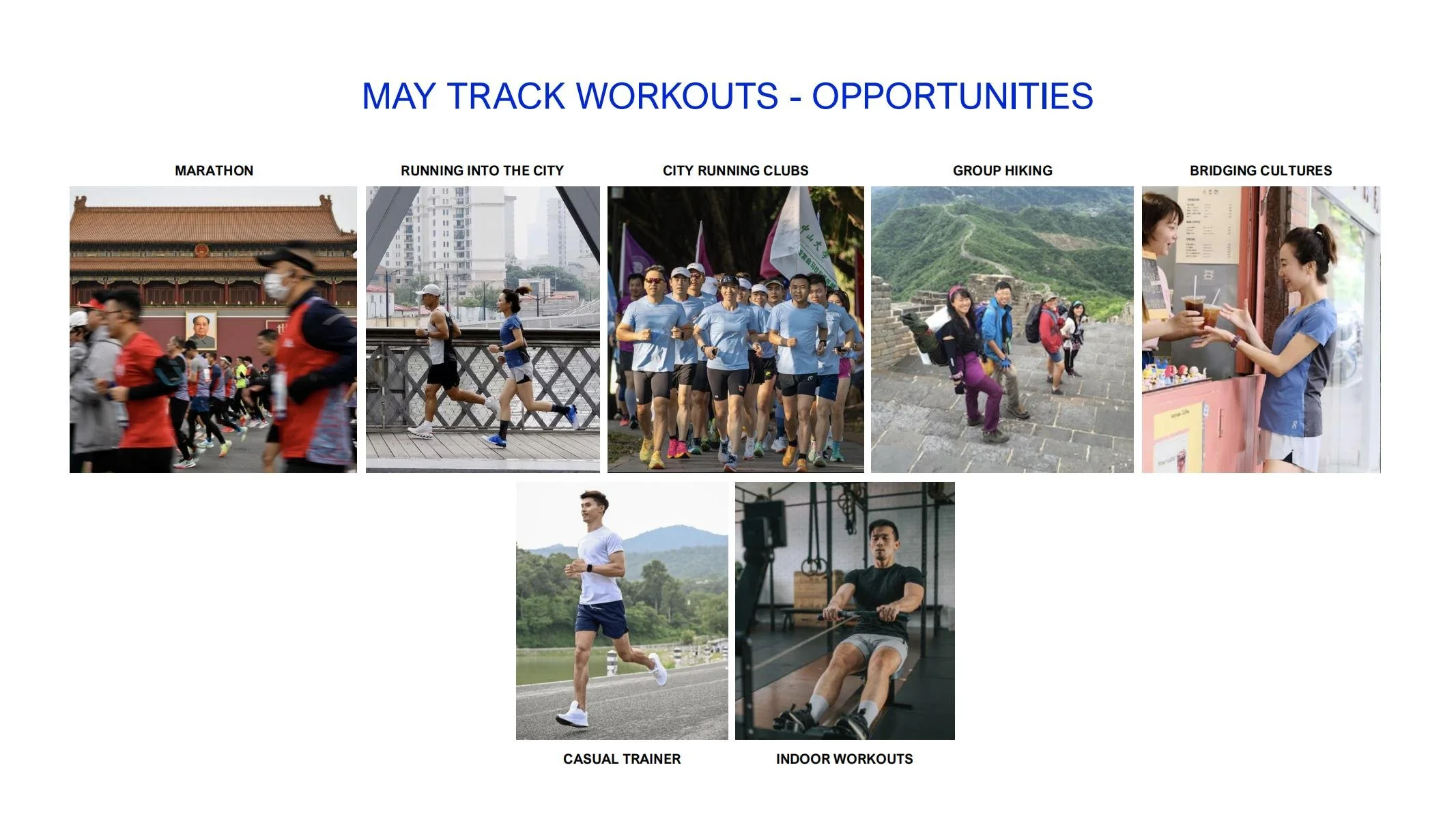 A collage of five images showing different outdoor and indoor running activities and social interactions, including marathon runners, city runners, group hiking, cultural bridging, and indoor gym workouts.