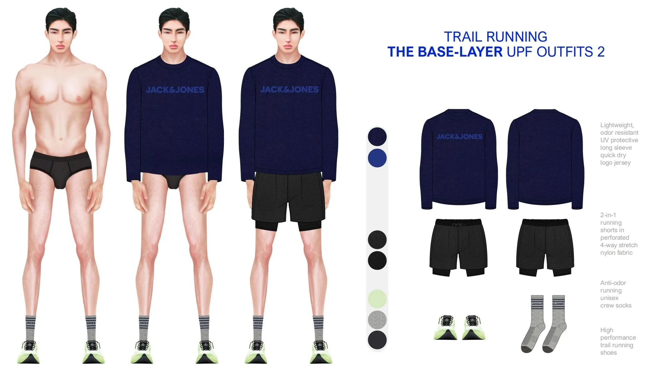 Image showing a model wearing navy blue trail running outfits with detailed descriptions of the clothing and accessories, including a navy blue logo sweatshirt, black running shorts with perforated nylon fabric, gray crew socks, and high-performance trail running shoes.