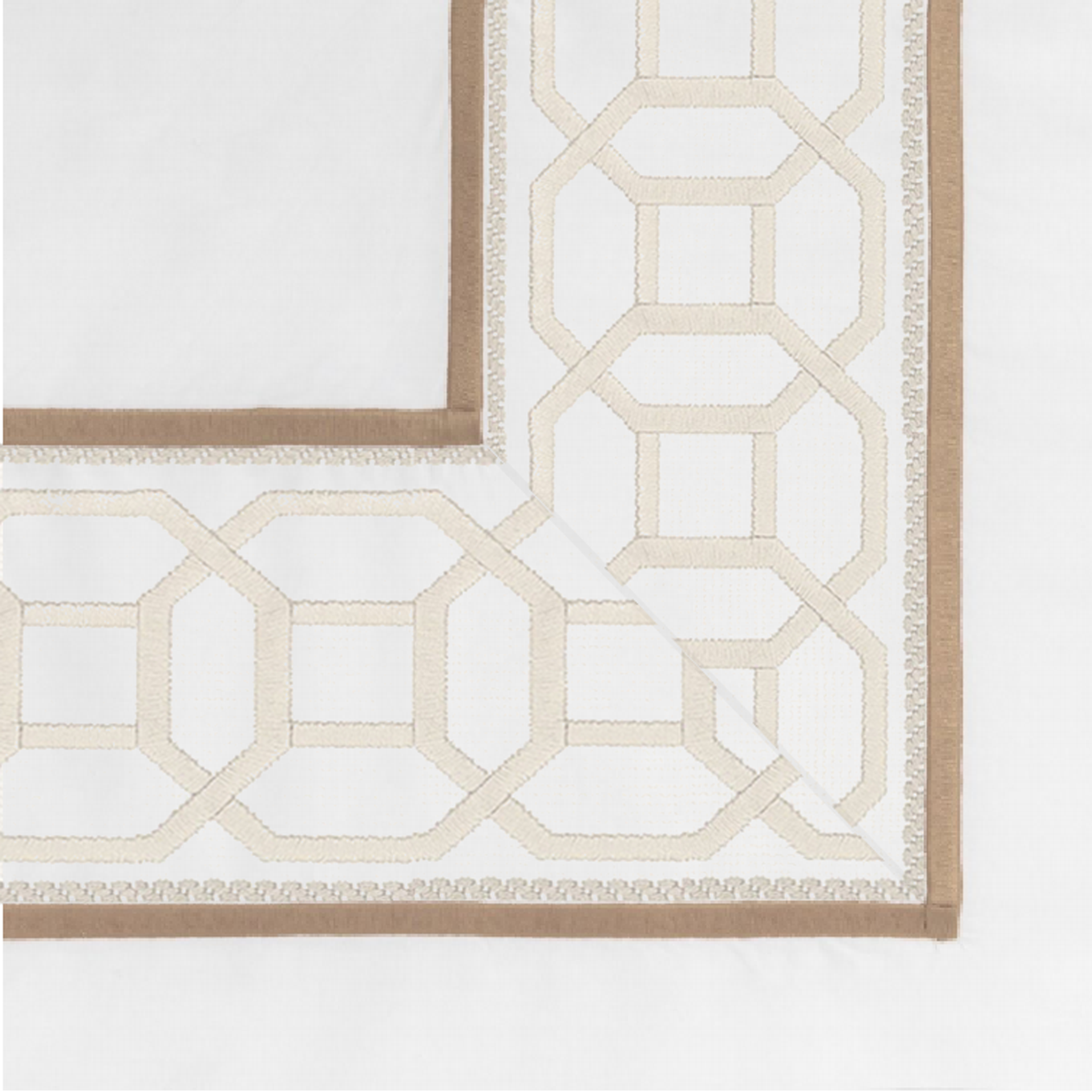 Close-up of a beige and white area rug with a geometric pattern and brown border.