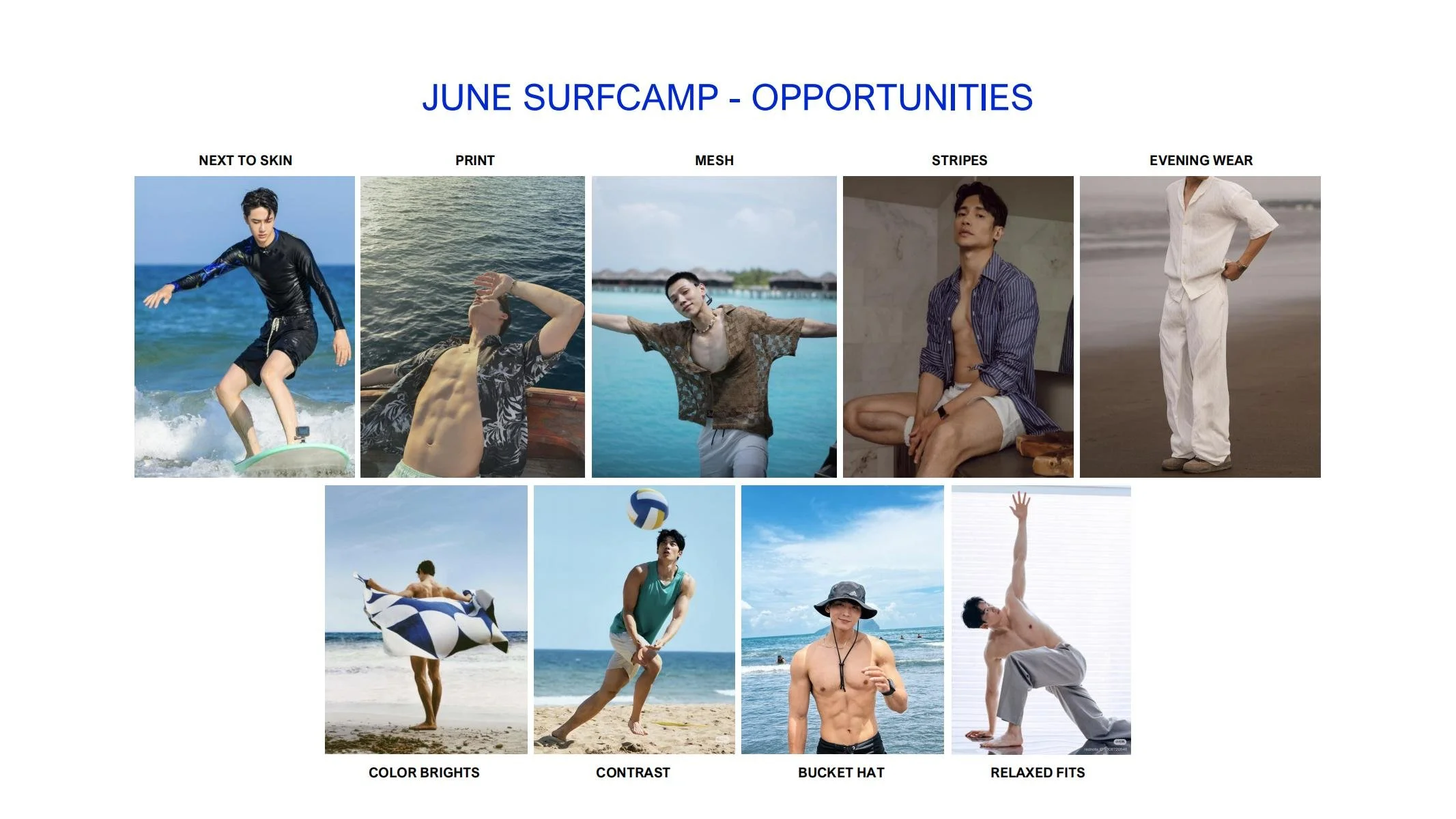 A collage of eight photos showcasing summer fashion and activities related to surf camps, including models in swimwear, casual, striped, evening wear, and engaging in beach sports, with text overlays indicating themes like 'Next to Skin,' 'Print,' 'Mesh,' 'Stripes,' 'Evening Wear,' 'Color Brights,' 'Contrast,' 'Bucket Hat,' and 'Relaxed Fits.'