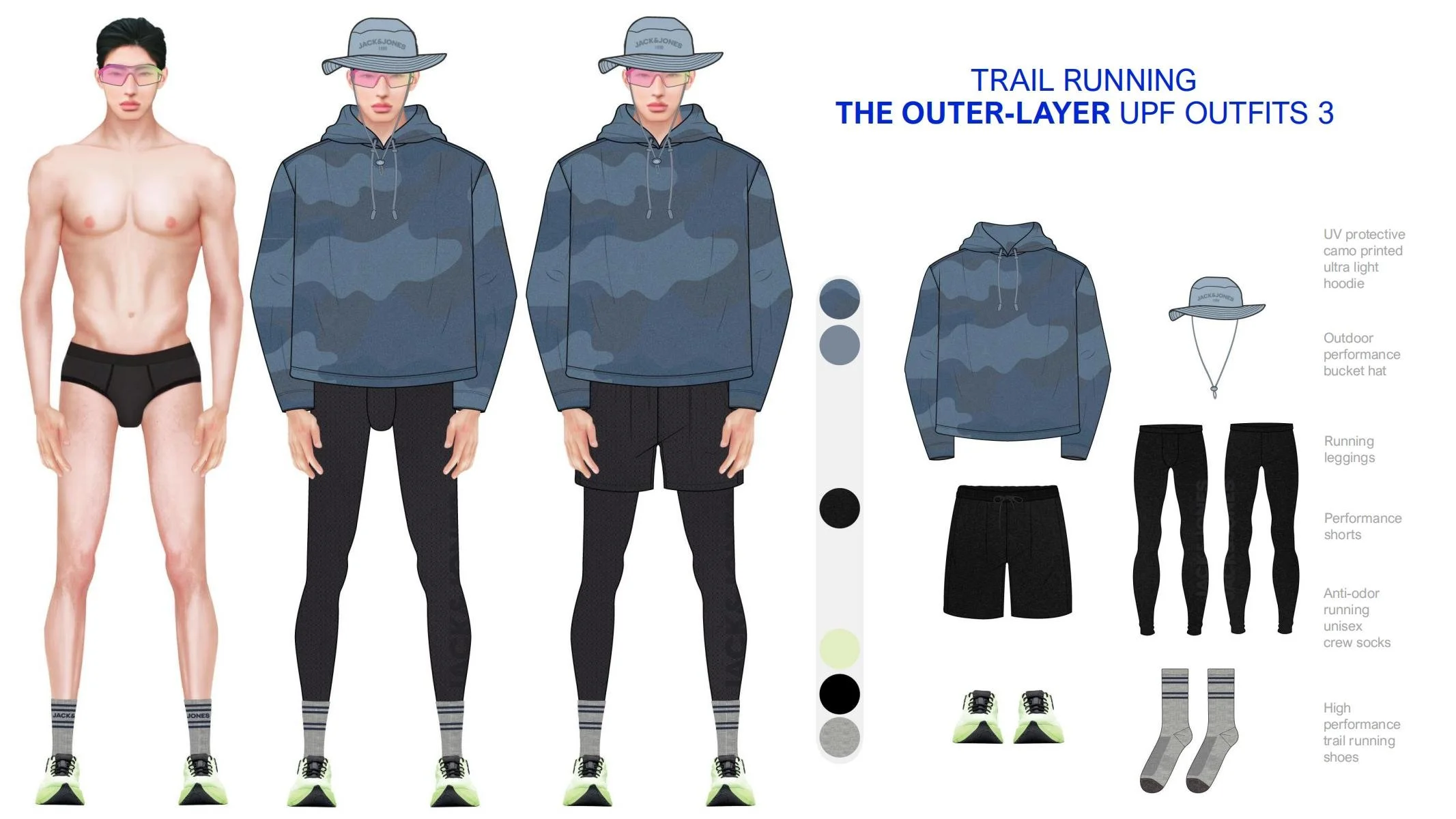 Diagram showcasing outdoor trail running outfits featuring a UV protective camo printed hoodie, outdoor performance bucket hat, black running leggings, performance shorts, anti-odor running crew socks, and high-performance trail running shoes, modeled on a shirtless man and illustrations of the outfitted model.