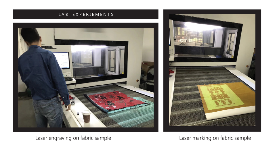 Side-by-side images of a lab experiments setup: the left shows a person operating a laser engraving machine with a red fabric sample on the table; the right shows a close-up of the fabric sample with a yellow design marked on it.