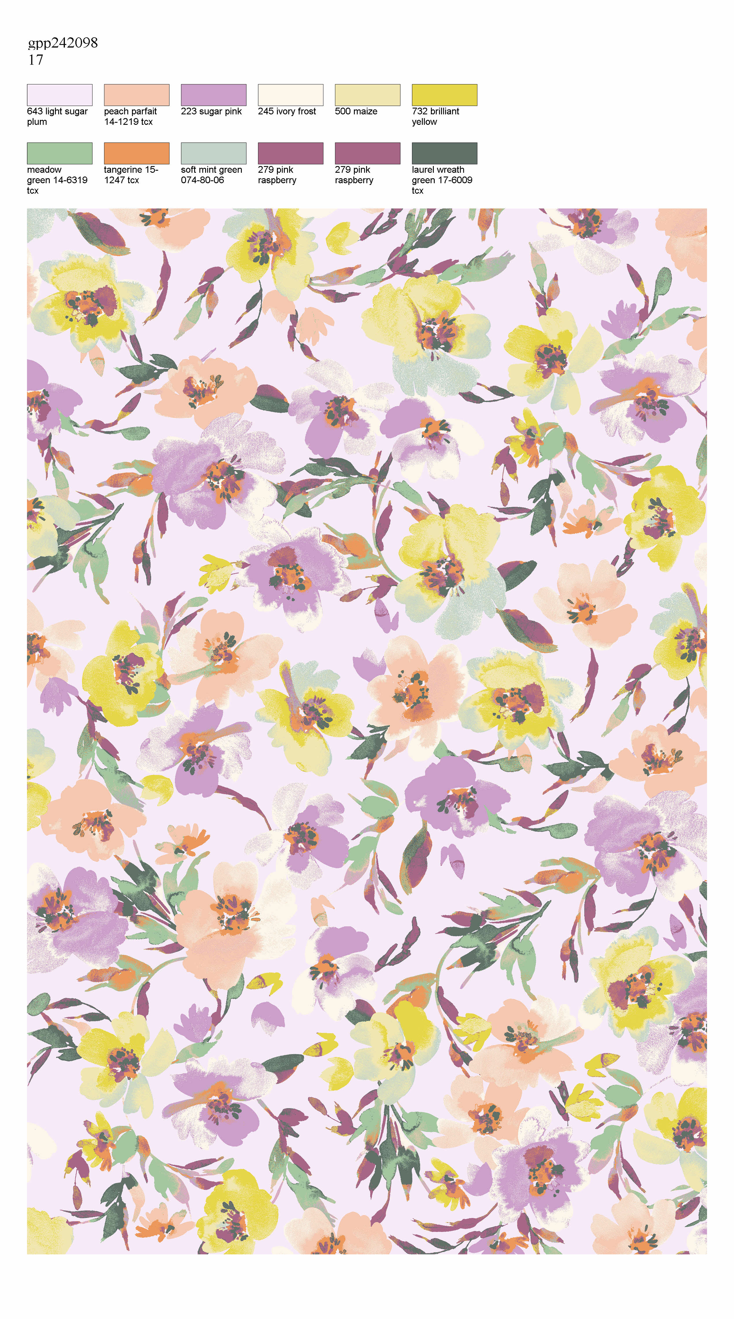 A floral pattern with yellow, purple, peach, and white flowers with green and purple leaves on a light purple background.