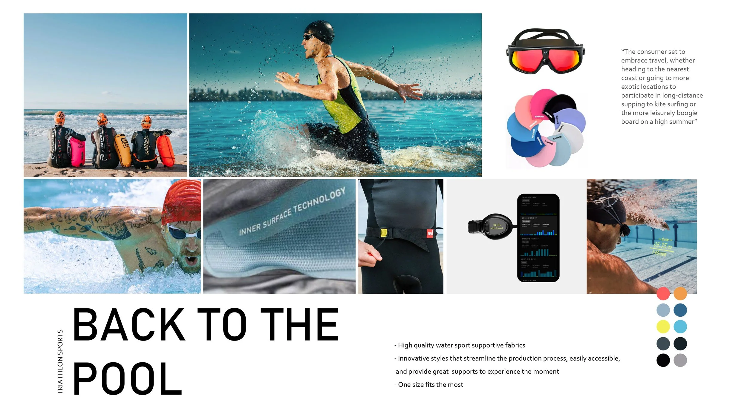 A collage of images related to water sports and swimming, including people swimming, a swimmer with tattoos, a swimmer in the pool, goggles and caps, a water-resistant fabric close-up, a fitness tracker, and a smartphone with data analytics, with text and color swatches promoting swim gear under the theme "Back to the Pool."
