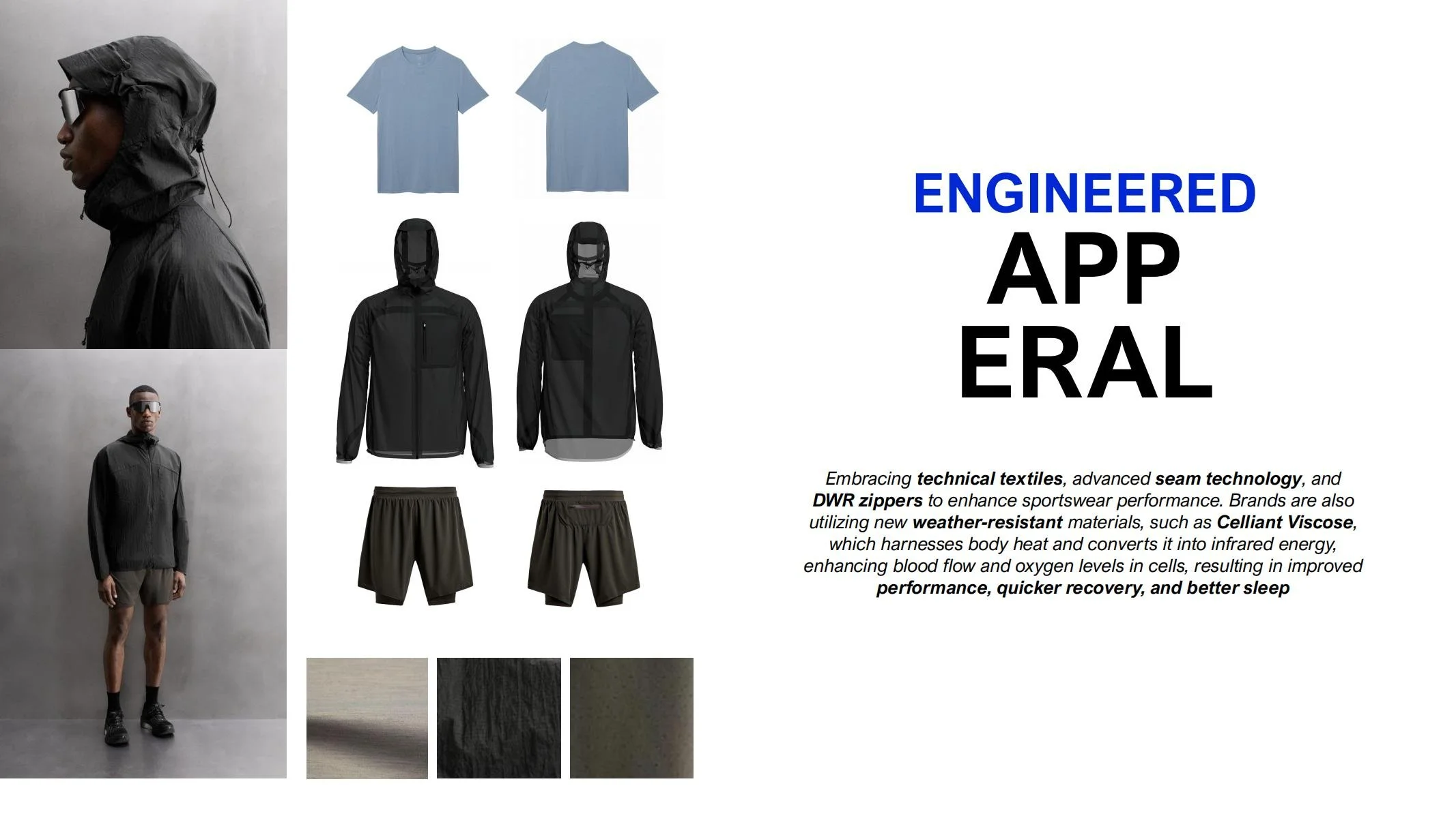 Display of athletic apparel including a blue t-shirt, black jackets, black shorts, with a model wearing black athletic clothing and accessories, and fabric textures in four swatches. Title 'Engineered Apparel' with a description about technical textiles, seam technology, DWR zippers, weather-resistant materials like Celliant Viscose, and benefits such as improved performance, recovery, and sleep.