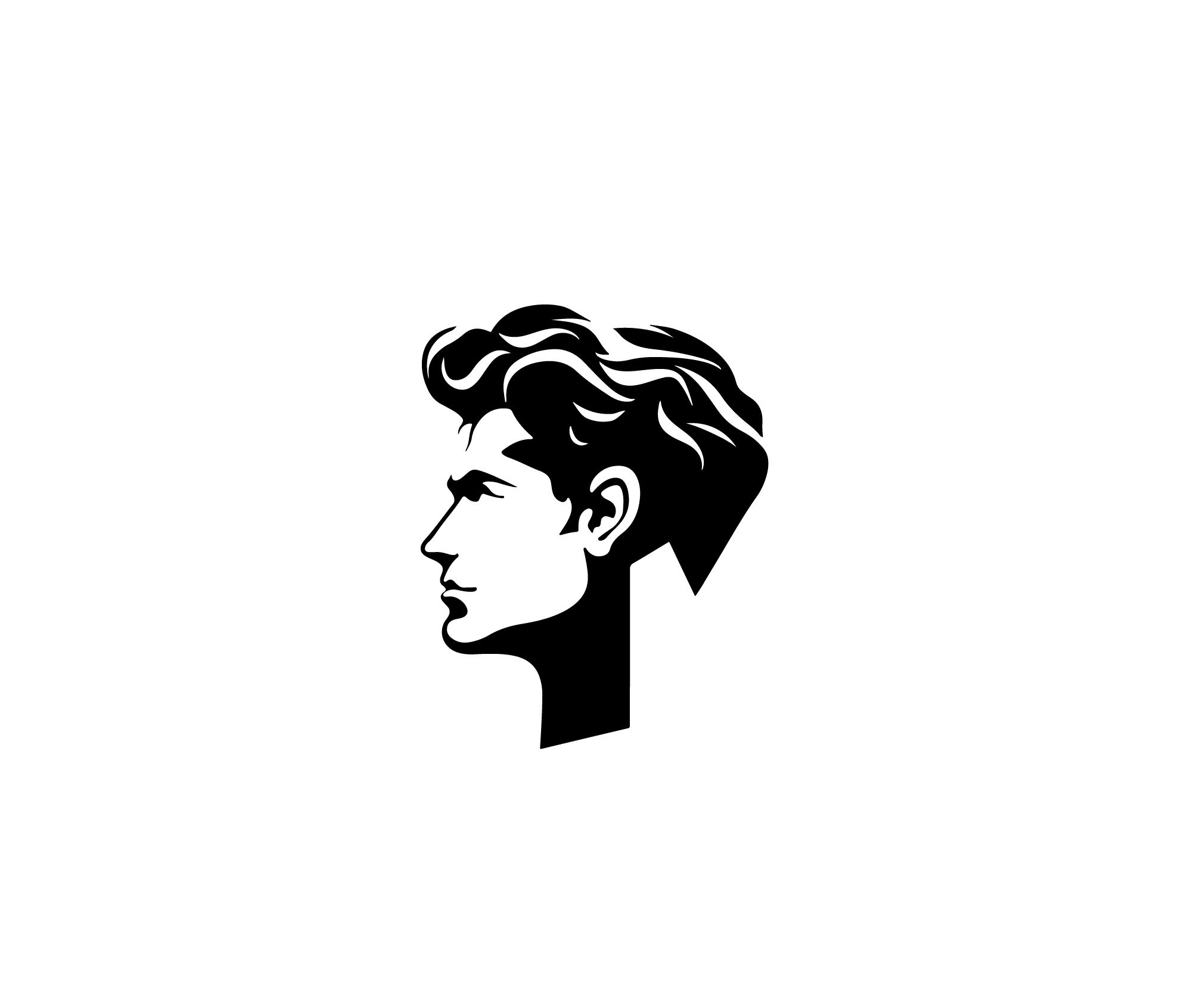 Black background with a white circular logo featuring a woman's profile with stylized hair, surrounded by a ring of stylized Greek key patterns.