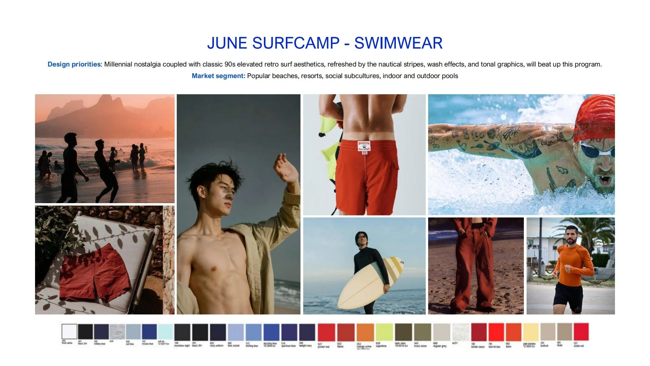 Collage of images featuring people at the beach and in the water, showcasing swimwear and surfwear, with a color palette at the bottom.