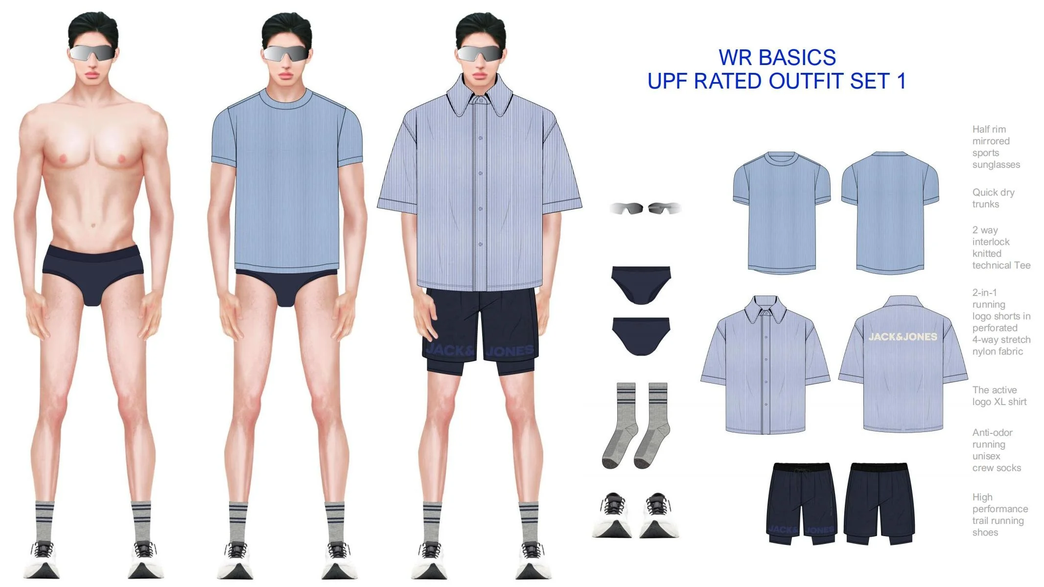 Display of men's activewear and accessories, including striped sunglasses, matching blue technical T-shirt, button-up active shirt, shorts, socks, and running shoes.