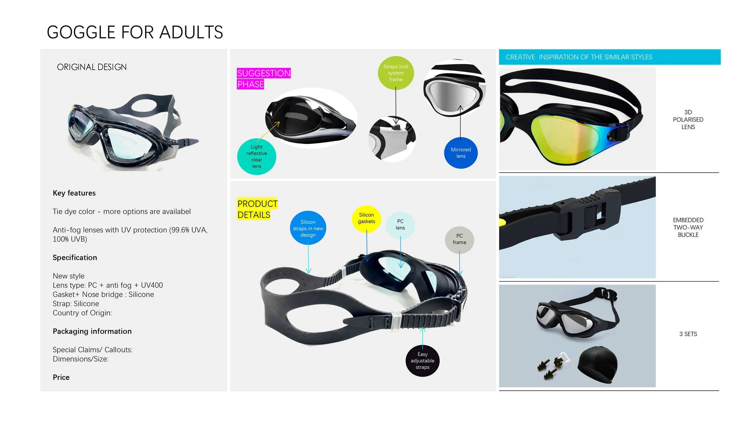 A detailed infographic showcasing a pair of advanced goggles for adults, including features like UV protection, anti-fog lenses, and a new design with adjustable straps, silicon gaskets, PC and silicon components, and a mirrored lens with polarizing features.