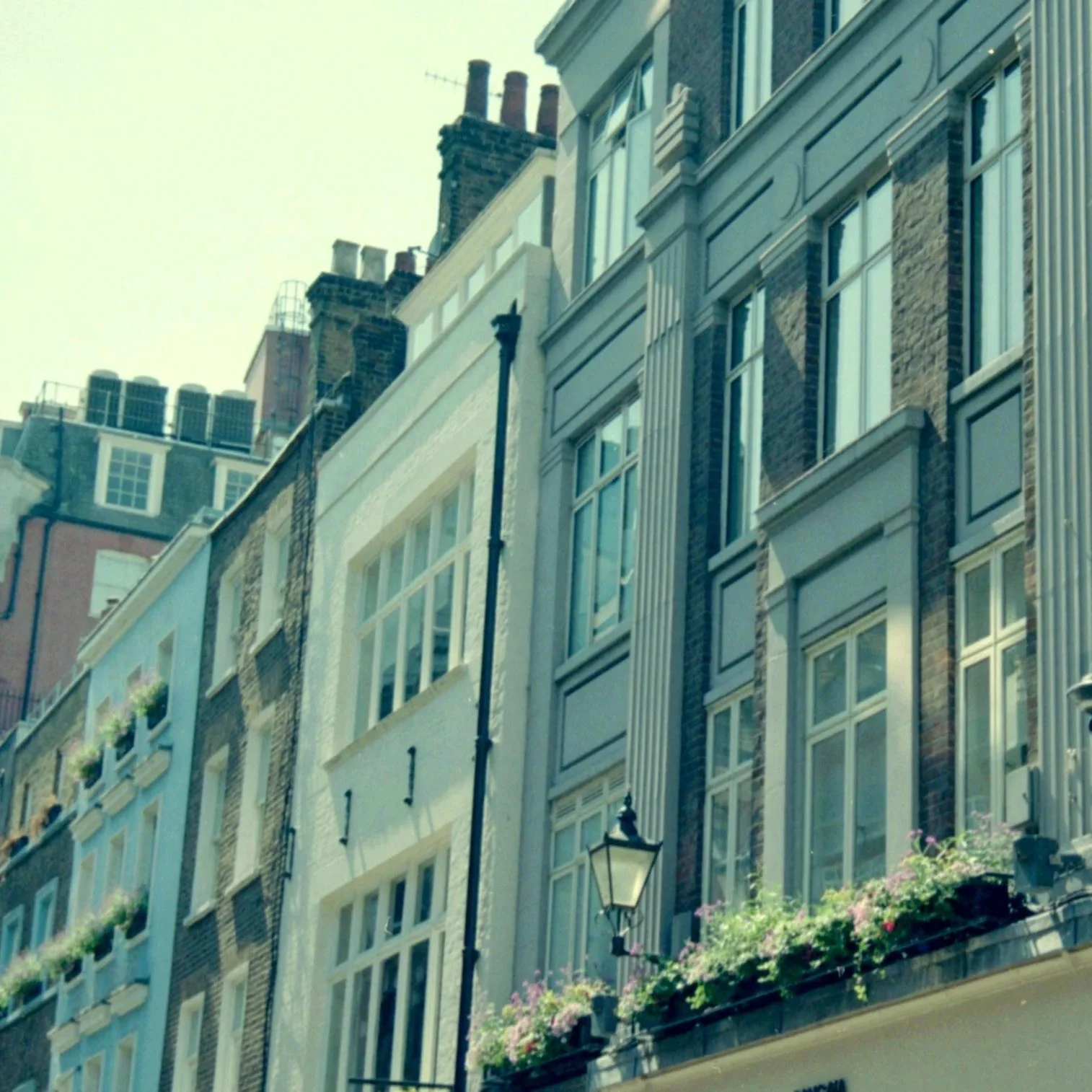 City street view showing multi-story buildings with large windows, a street lantern, and flower boxes on window ledges.