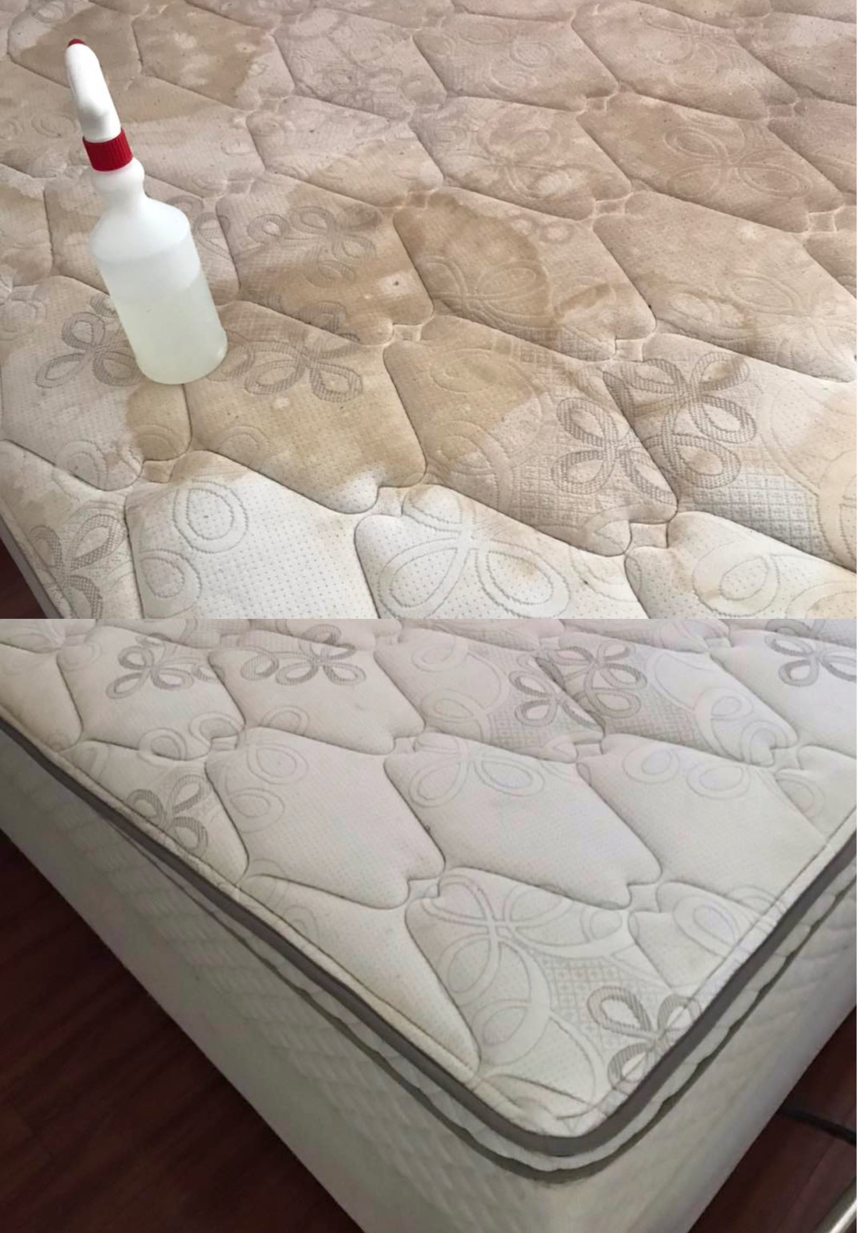 Comparison of a stained mattress with a clean, fresh mattress, with a bottle of cleaning solution on the stained mattress.