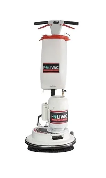 A Polivac brand commercial floor cleaning machine with a white body and black and red accents.