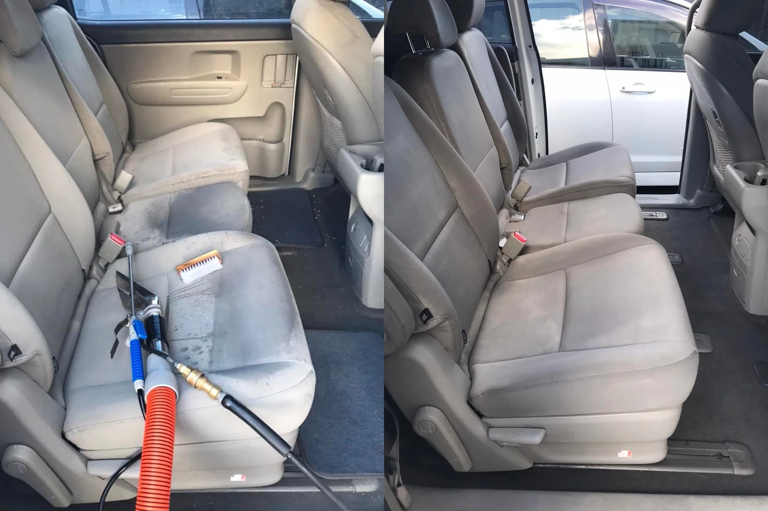 Side-by-side comparison of the back seats of a beige vehicle, with the left side showing before cleaning with dirt and stains, and the right side showing after cleaning with a clean and spotless seat.