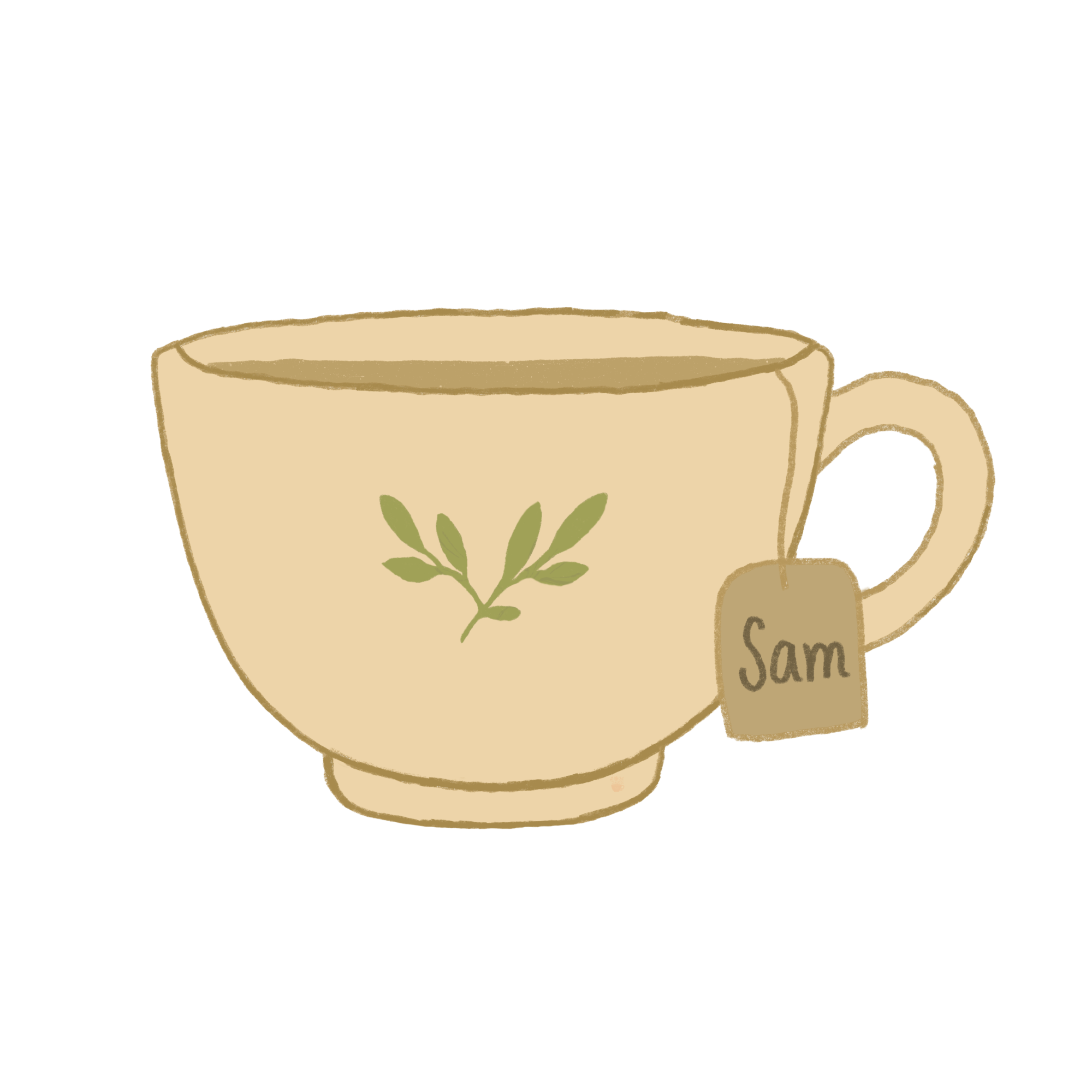 Illustration of a beige teacup with a green leaf design and a tea bag labeled "Sam."