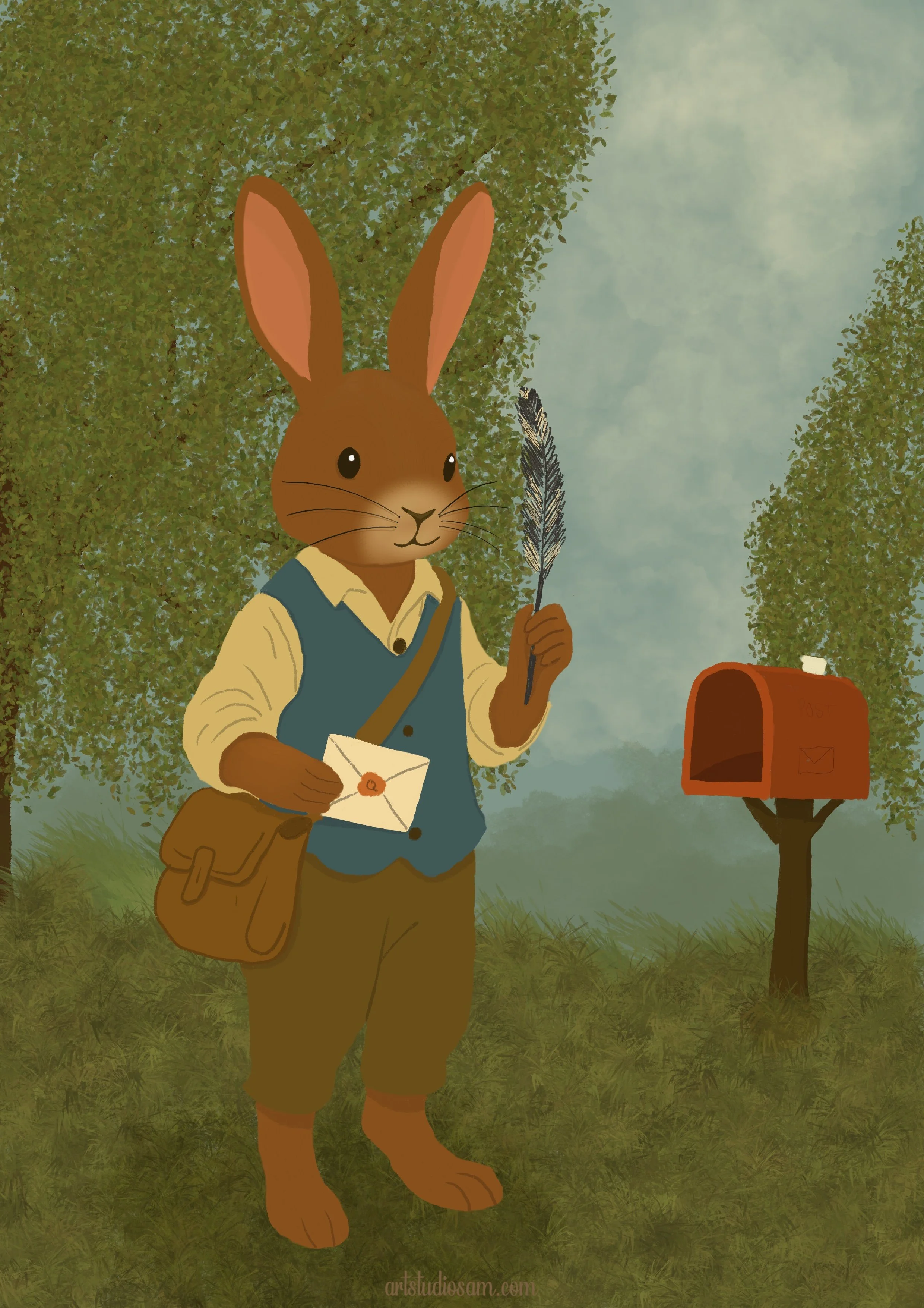 Rabbit postmaster with quill and letter in hand, post bag and mailbox.