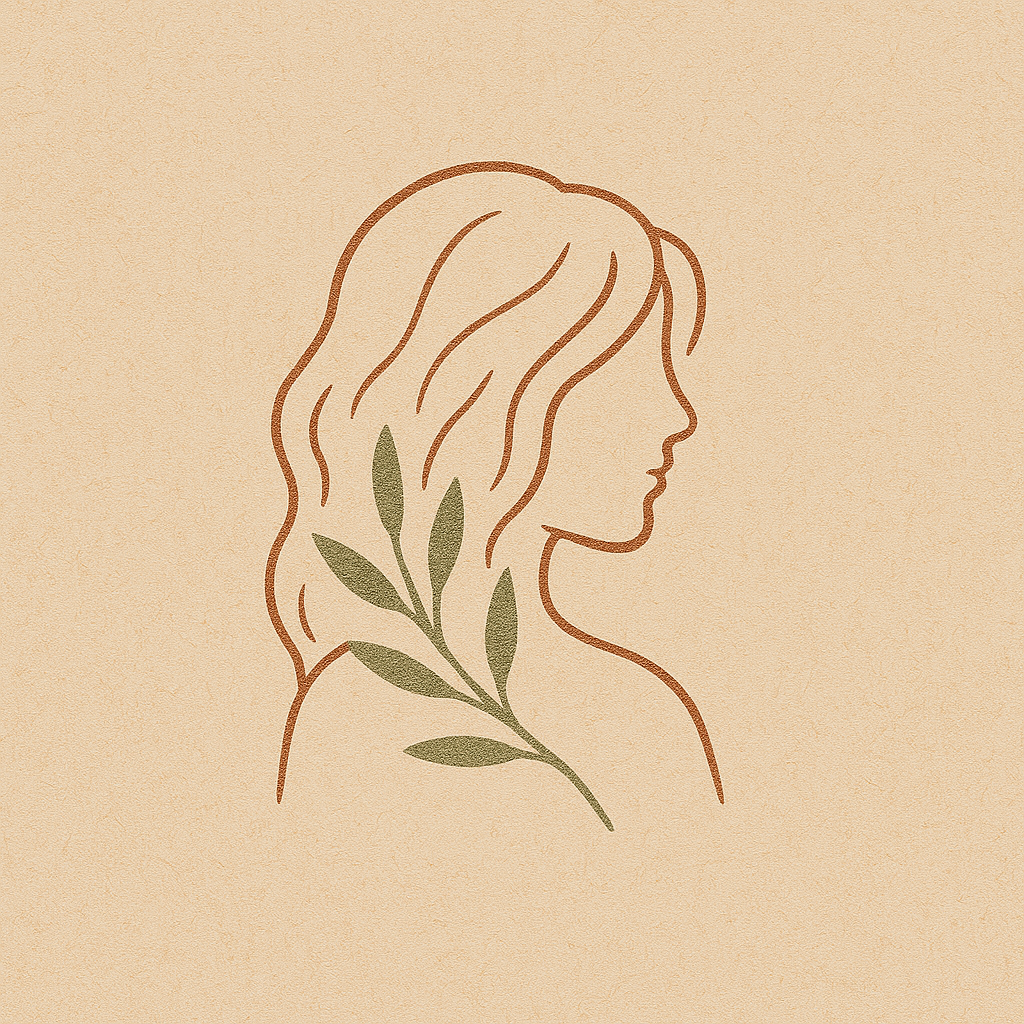 A minimalist line drawing of a woman's profile with long, wavy hair and a green leafy branch over her shoulder on a beige background.