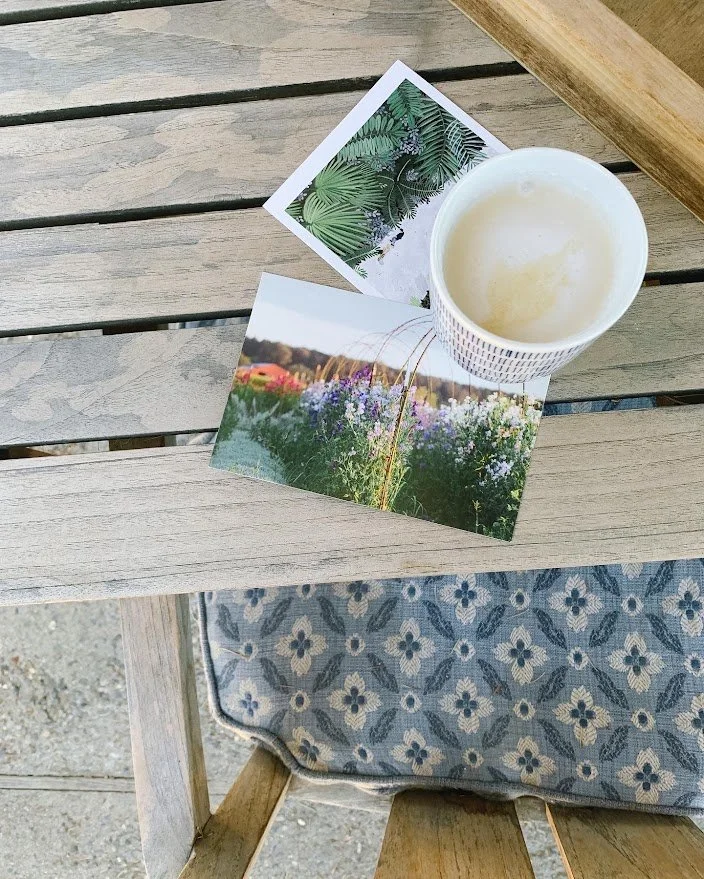 A wooden outdoor table with two nature-themed postcards and a cup of coffee next to a patterned cushion.