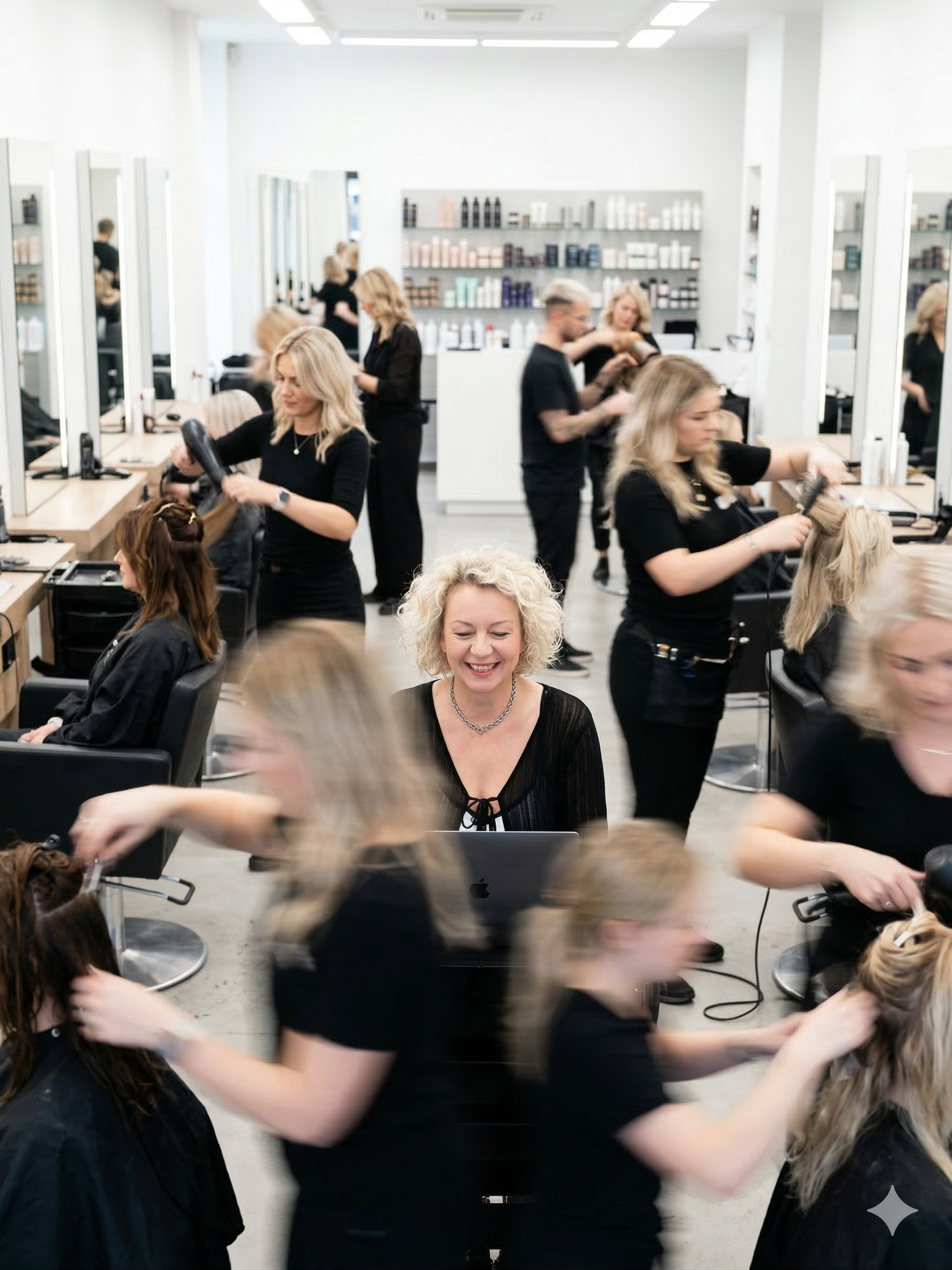 Tanja Copertino arbeitet im Friseursalon mit Laptop an KI-Agents und Social-Media-Strategien für Friseurunternehmen.