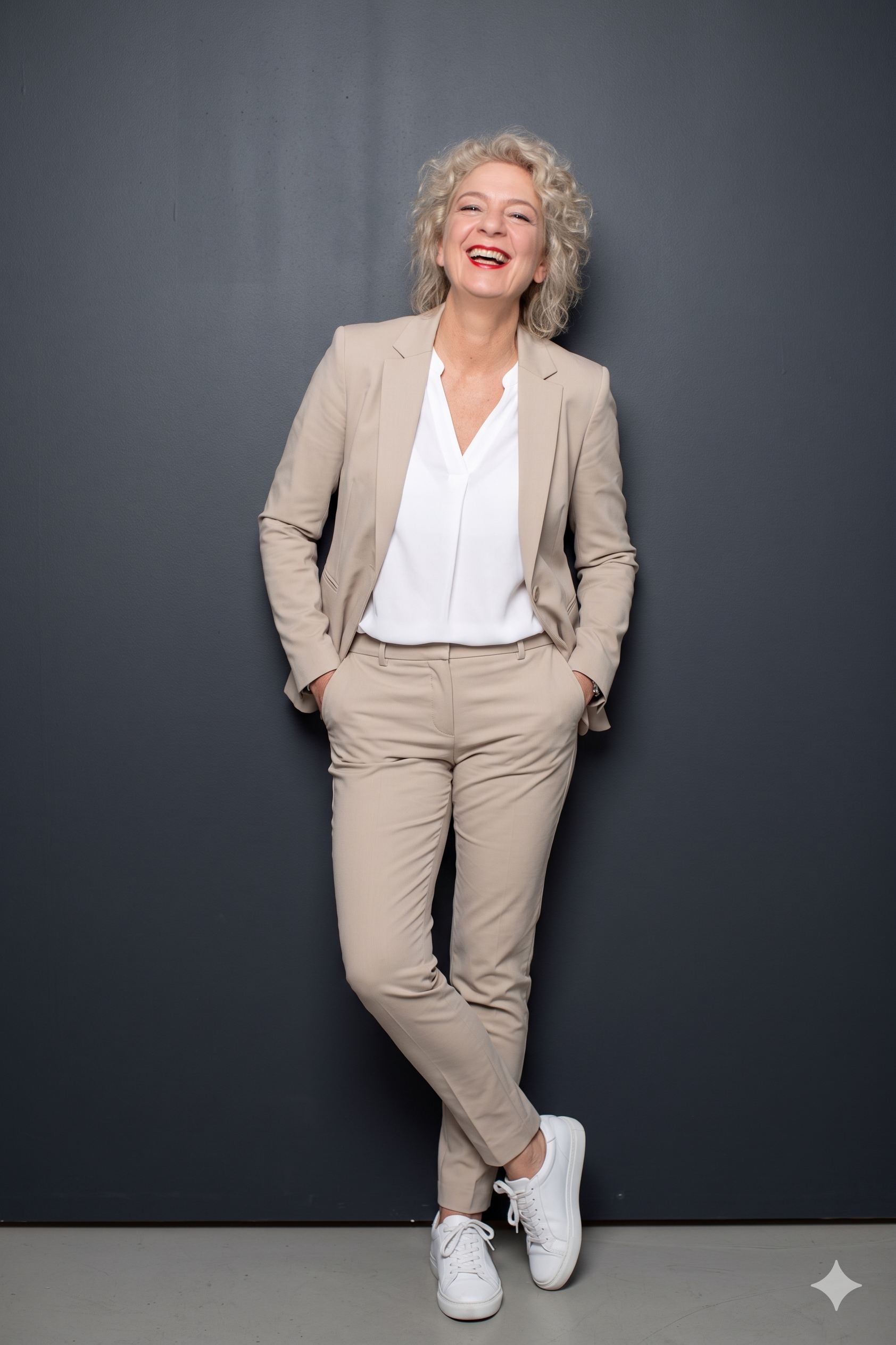 Tanja Copertino in einem beigen Anzug und weißen Sneaker steht vor einer dunkelgrauen Wand, mit den Händen in den Taschen ihrer Hose.