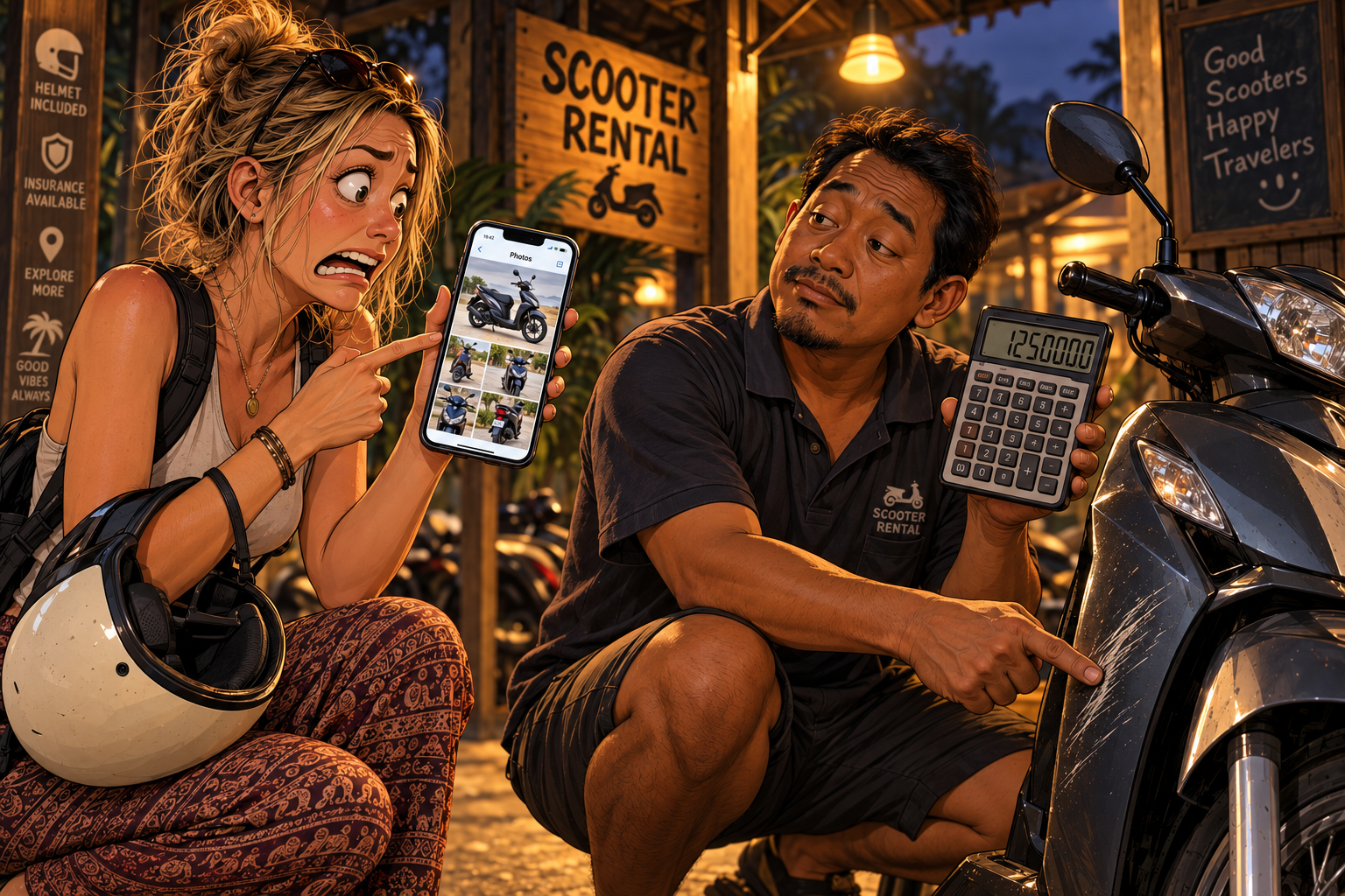 Illustration de l'arnaque au scooter : le loueur pointe une rayure, calculatrice en main, la voyageuse montre ses photos du départ