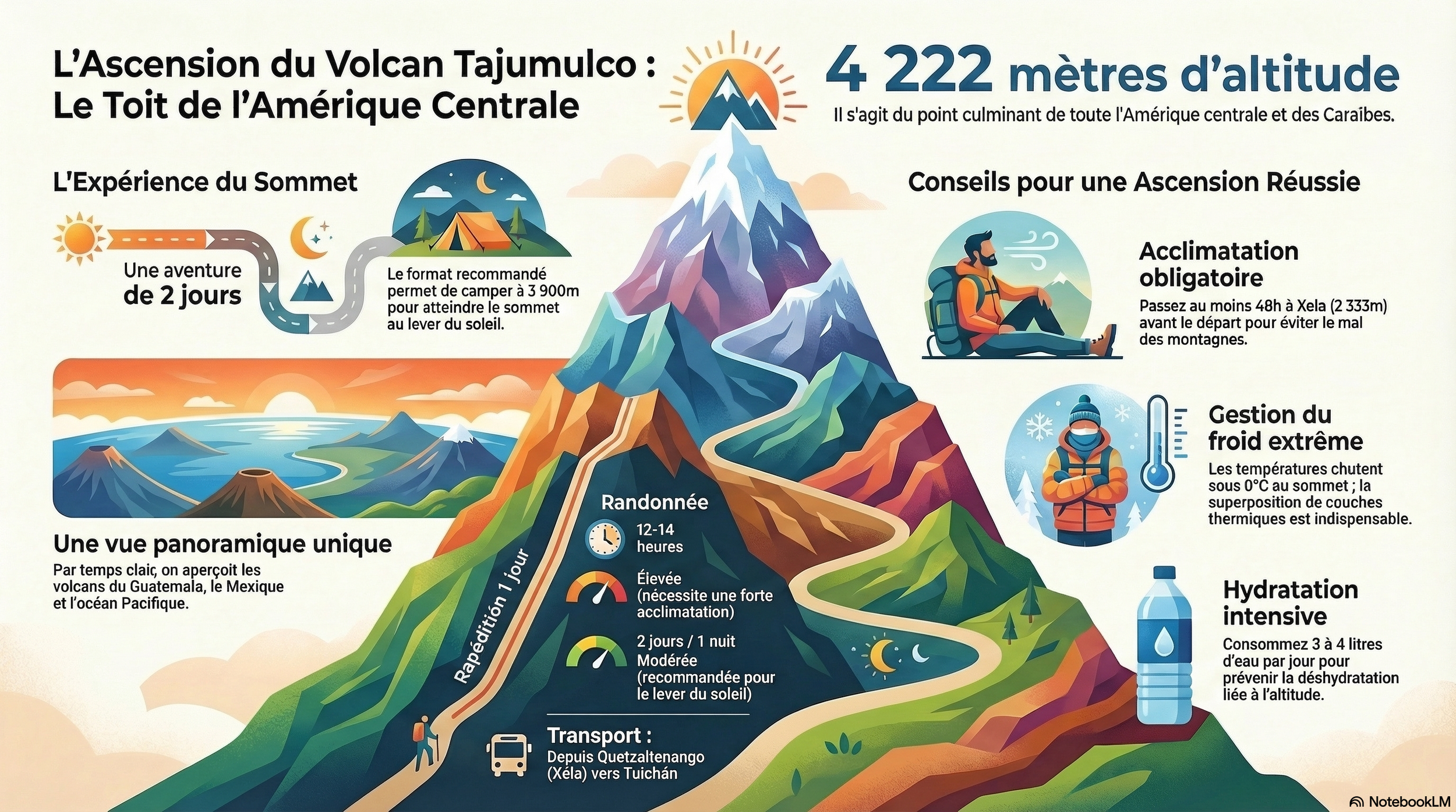 Infographie sur le Volcán Tajumulco : 4 222 mètres, durée, dénivelé et transport