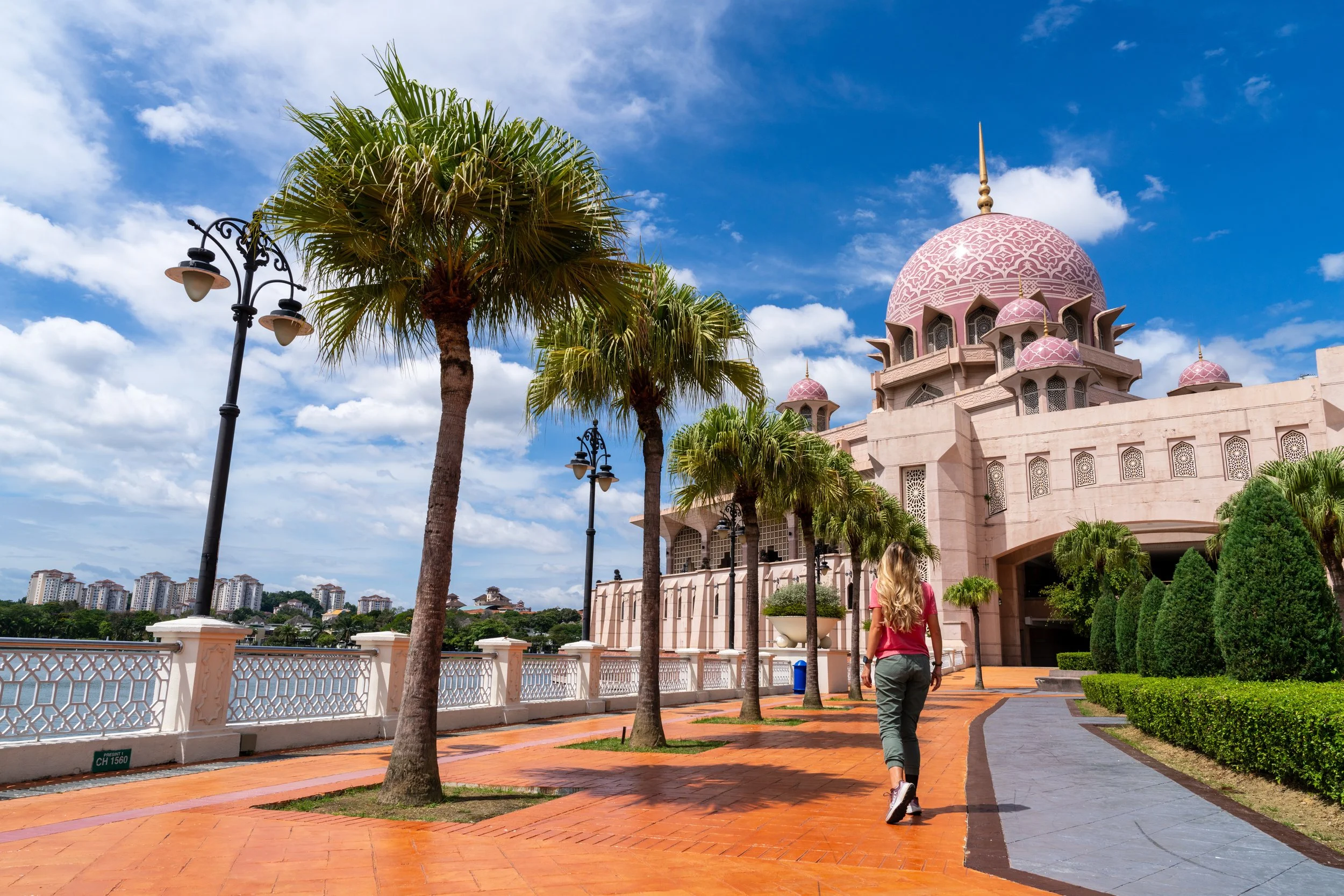 Allée de palmiers et promenade au bord du lac face à la mosquée Putra à Putrajaya