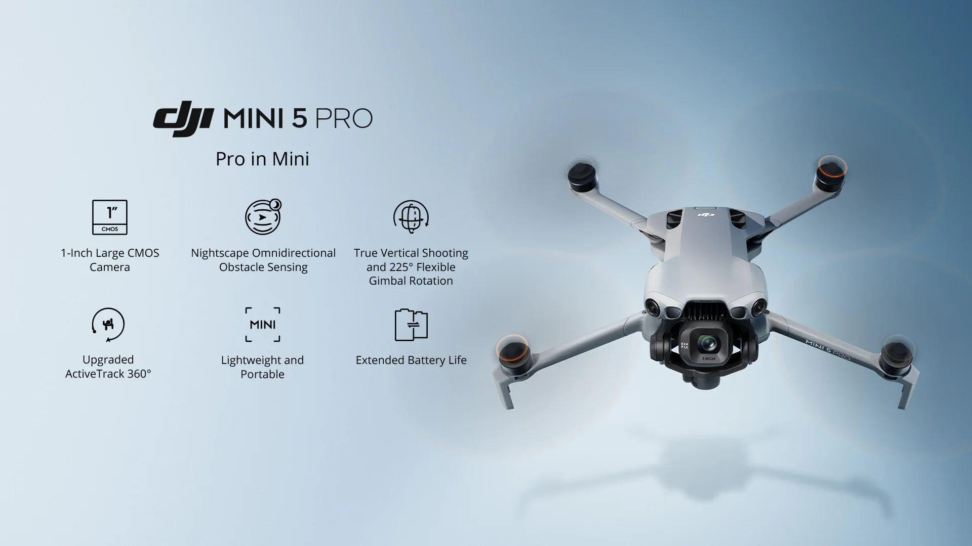 Infographie officielle DJI Mini 5 Pro : capteur CMOS 1 pouce, détection d'obstacles omnidirectionnelle et nacelle orientable à 225 degrés