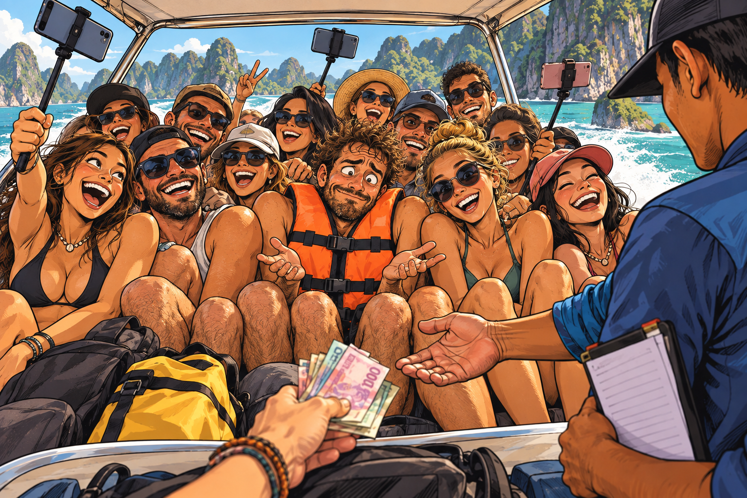Illustration d'une excursion surchargée vers les îles Phi Phi : touristes entassés sur un speedboat, un opérateur encaisse les billets