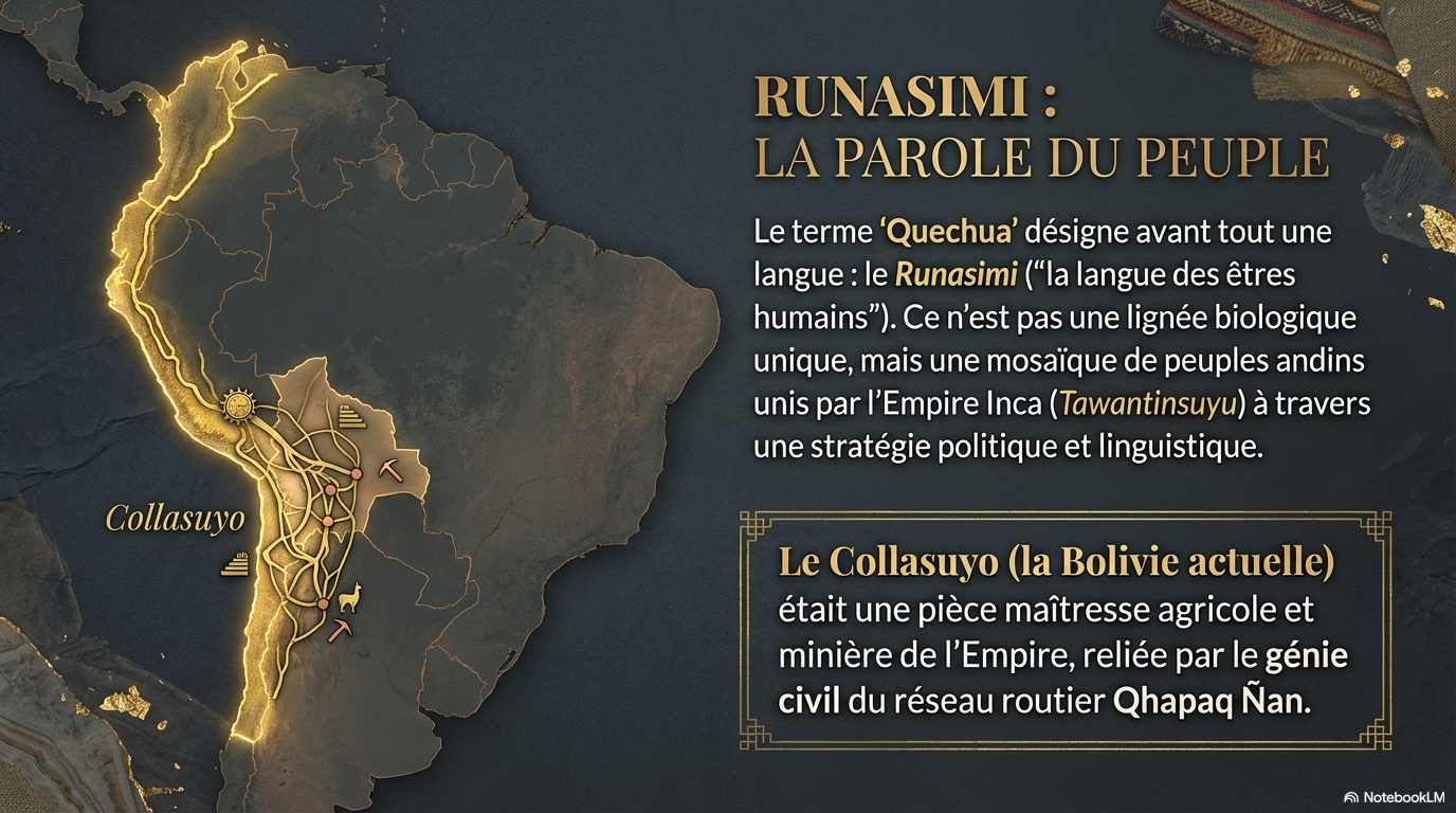 Infographie sur le runasimi, la langue quechua, et la carte du Collasuyo inca