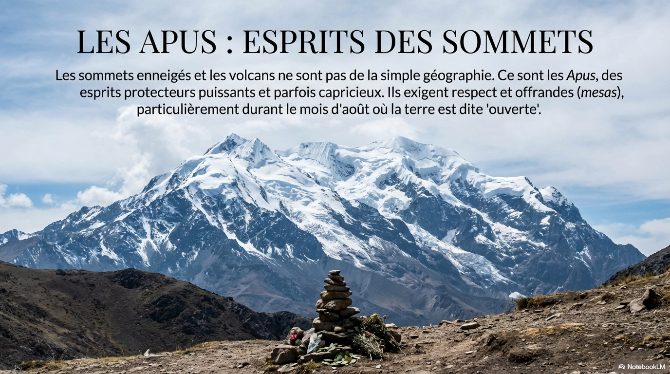 Infographie sur les Apus, esprits des sommets andins, avec cairn et montagnes enneigées
