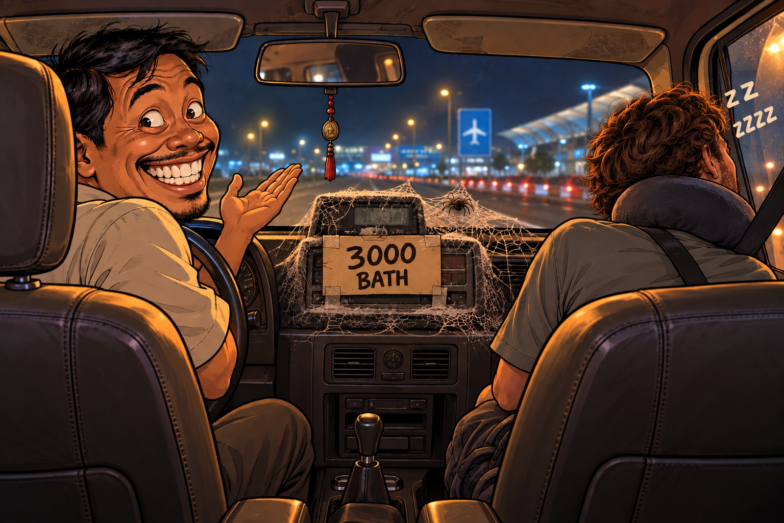Illustration de l'arnaque au taxi : chauffeur hilare, compteur couvert de toiles d'araignée et pancarte 3000, passager endormi