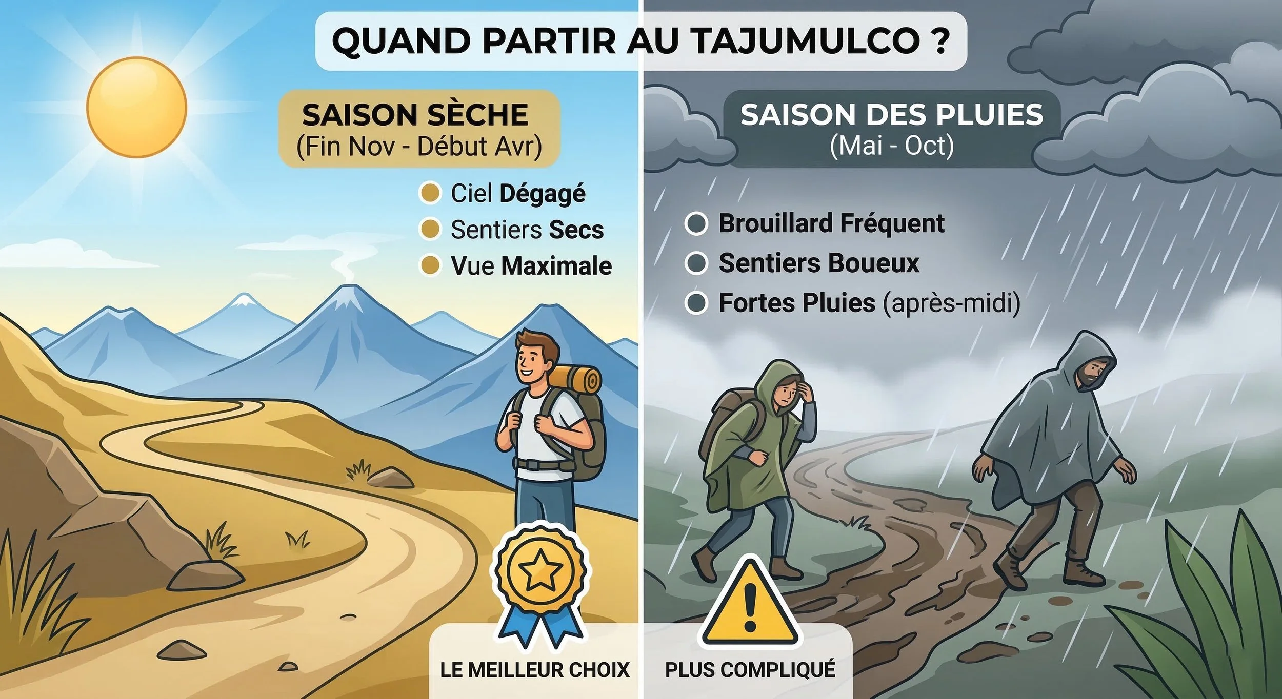 Infographie comparant la saison sèche et la saison des pluies pour gravir le Tajumulco