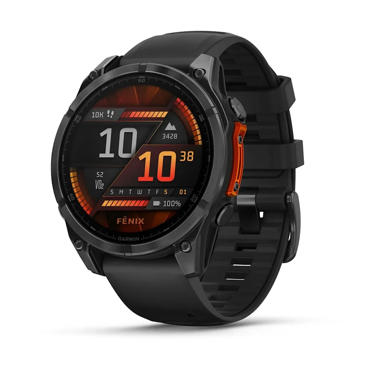 Garmin Fenix 8 noire de profil avec son bracelet silicone