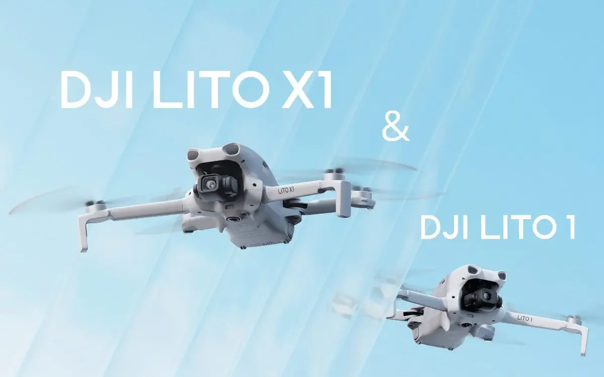 Visuel officiel des DJI Lito X1 et Lito 1 en vol, les drones d'entrée de gamme de 249 grammes