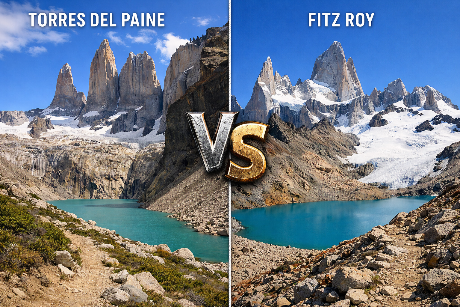 Comparatif visuel entre Torres del Paine et le Fitz Roy en Patagonie