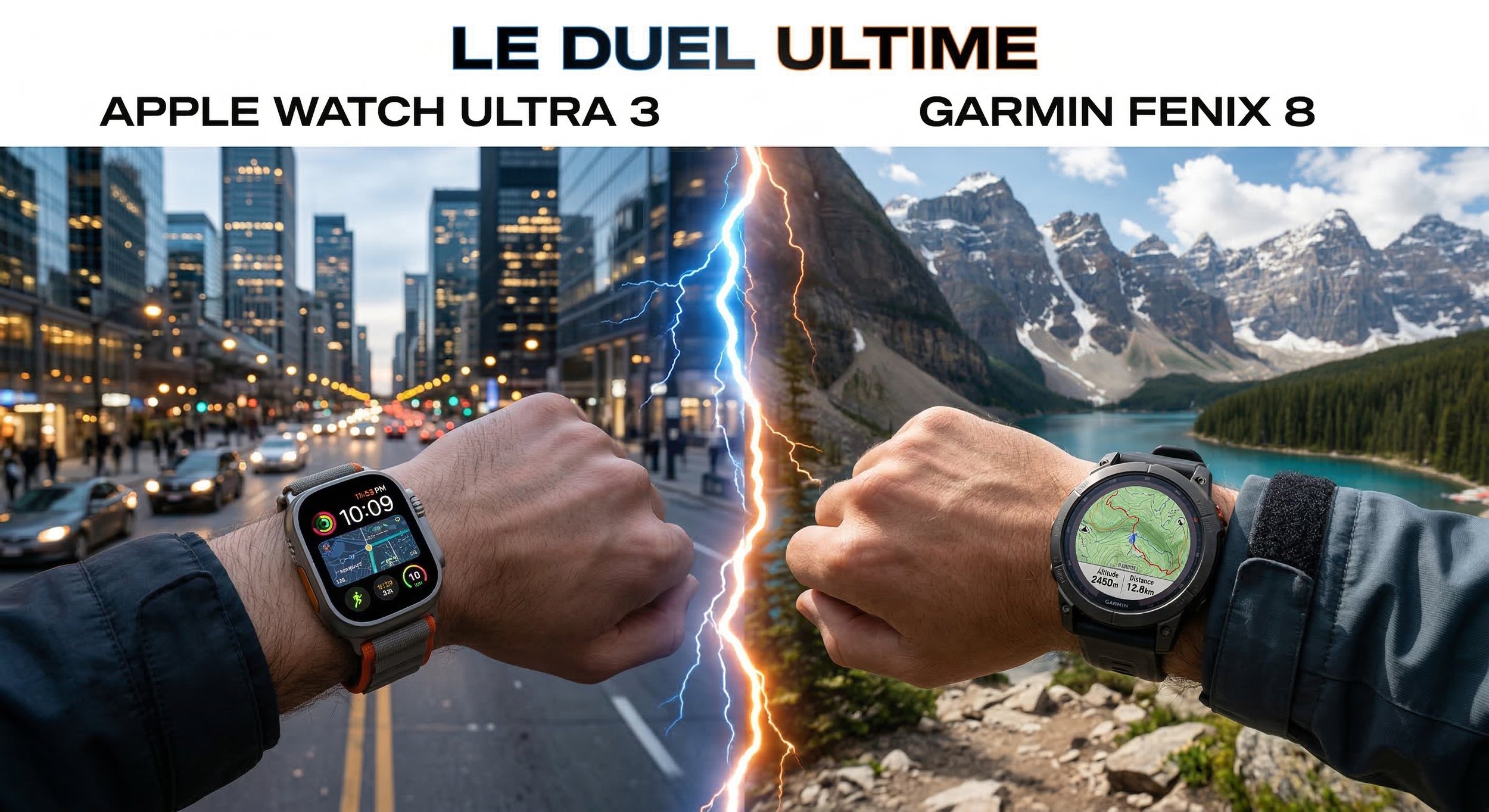 Visuel du duel entre l'Apple Watch Ultra 3 et la Garmin Fenix 8 au poignet