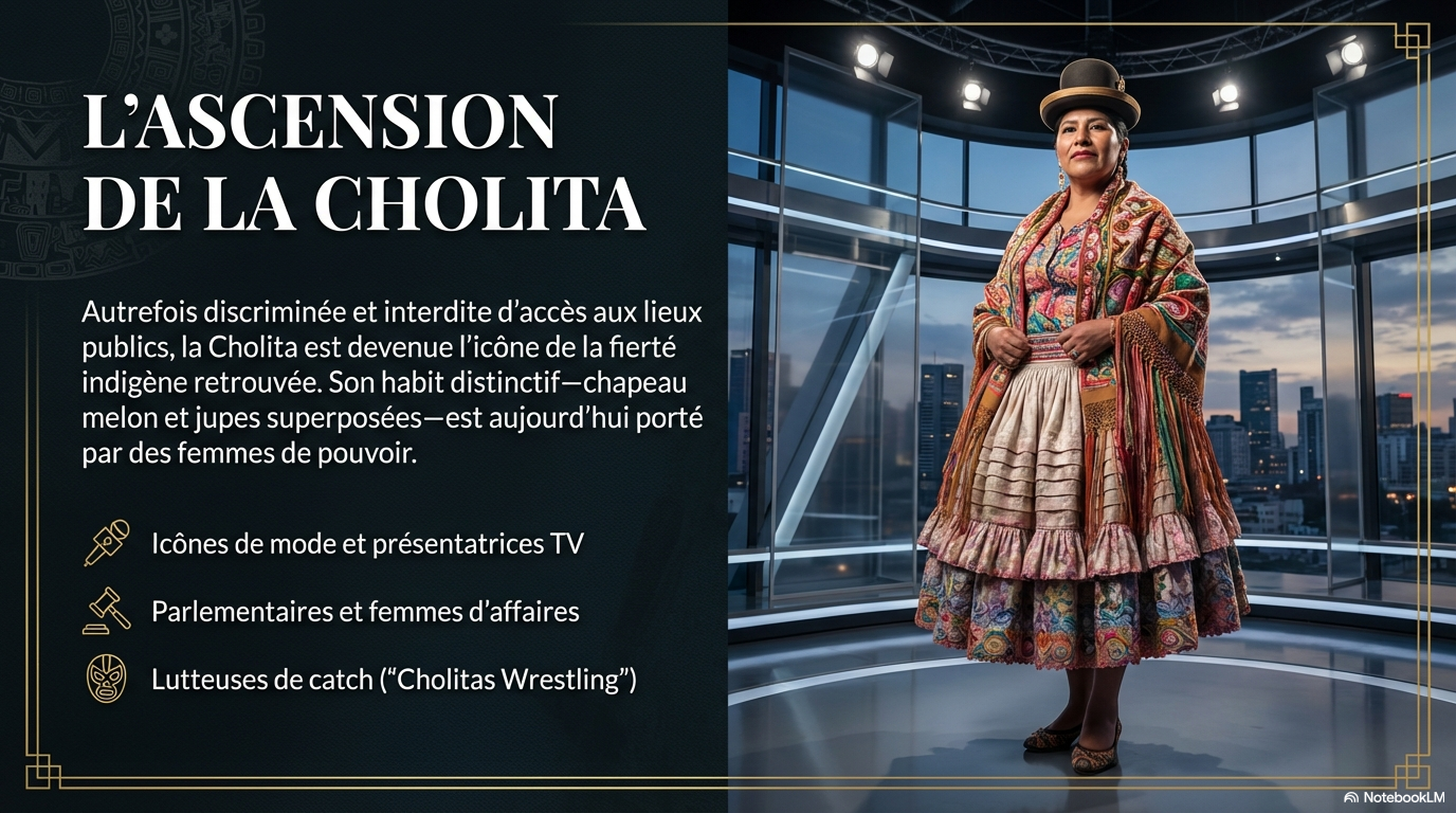 Infographie sur l'ascension des cholitas et leur habit traditionnel bolivien