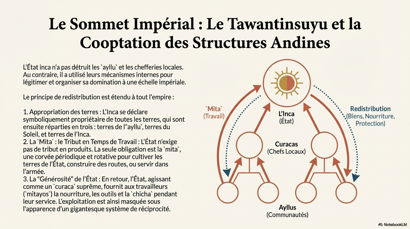 Infographie sur le Tawantinsuyu et la cooptation des structures andines par les Incas