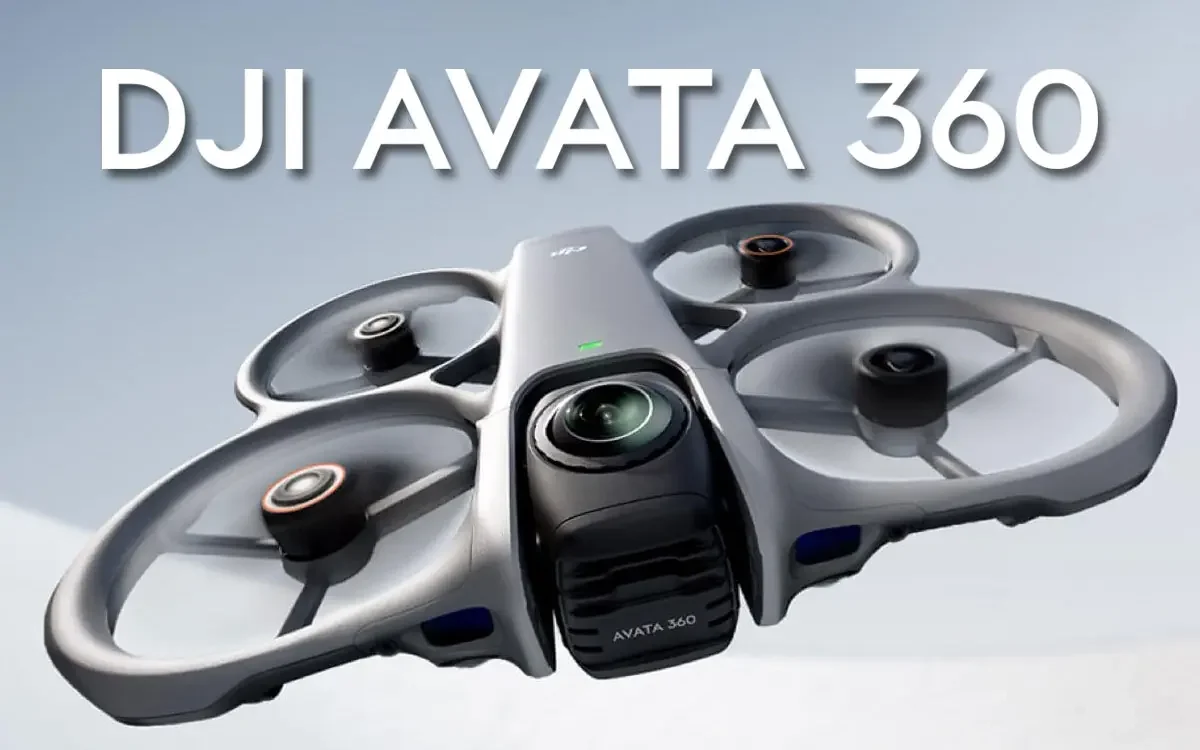 Visuel de lancement du DJI Avata 360, drone FPV à hélices carénées équipé d'une caméra 360 degrés