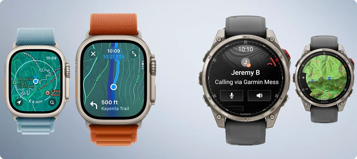Comparaison des écrans de navigation de l'Apple Watch Ultra 3 et de la Garmin Fenix 8